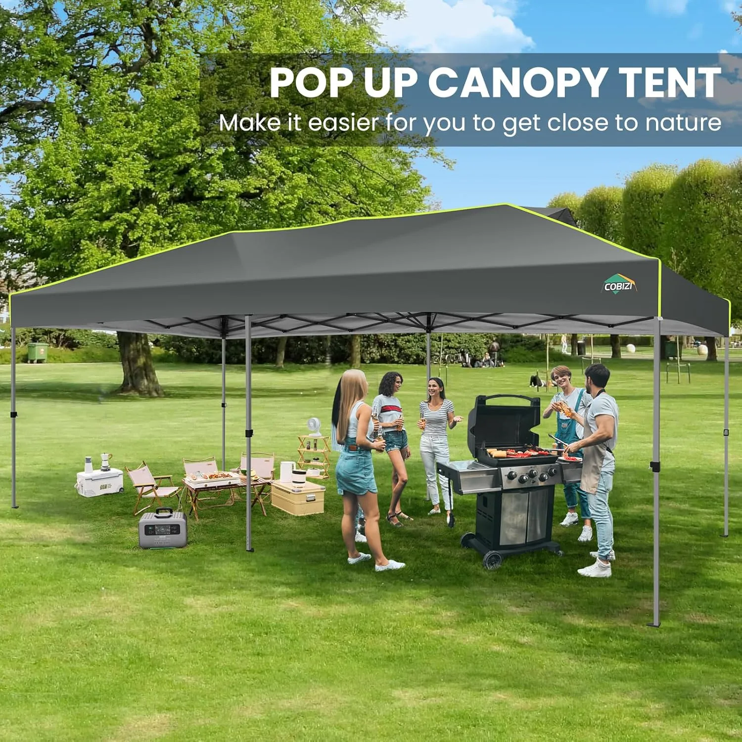 COBIZI 10x20 Pop Up Canopy Tent, Outdoor Party Tent with 6 Sidewall One Push Setup Glow, 3 Adjustable Height Air Vent Waterproof UPF50 , Bag, 4 Sandbag, 6 Stake, 12 Rope for Beach, Commercial