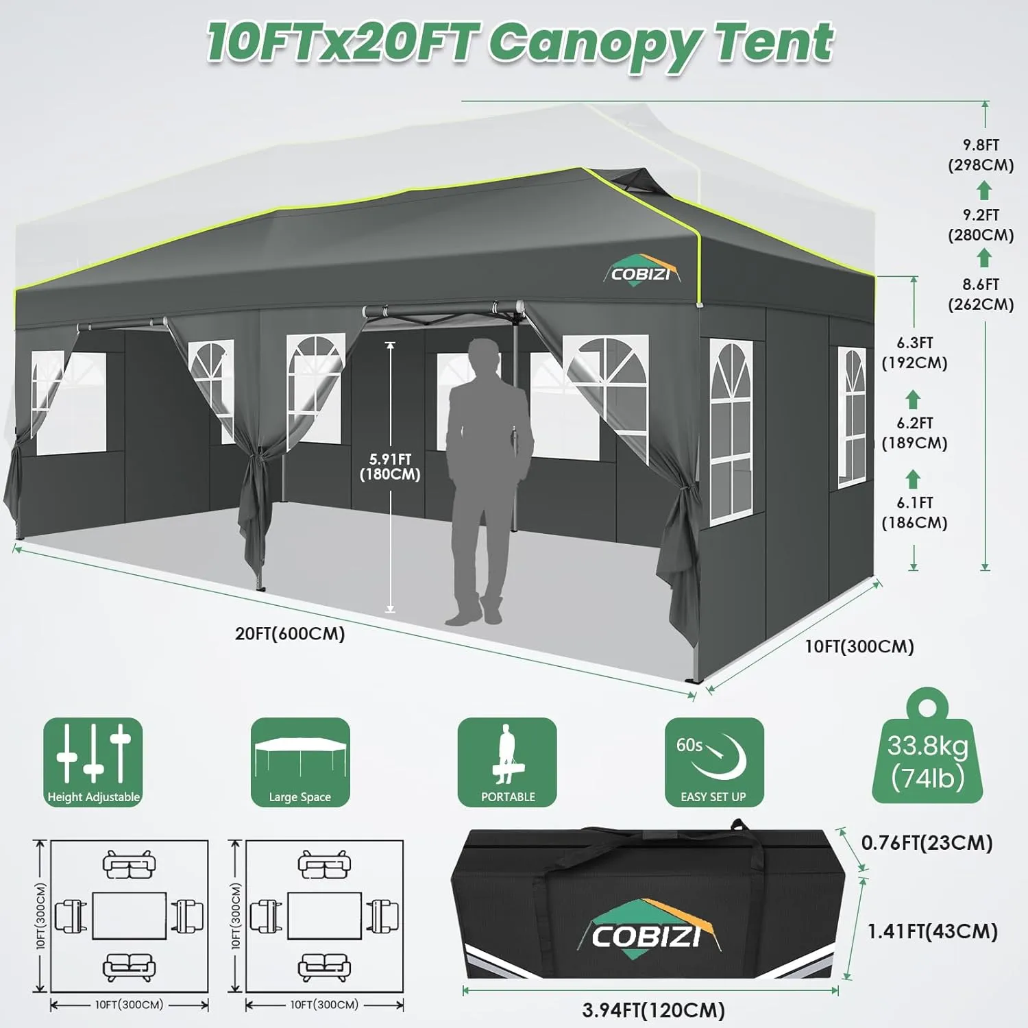 COBIZI 10x20 Pop Up Canopy Tent with 6 Removable Sidewalls, One Push Party Tent Outdoor Waterproof Event Canopy with Air Vent for Parties Commercial Wedding, 3 Height, Carry Bag, Sandbag, Gray