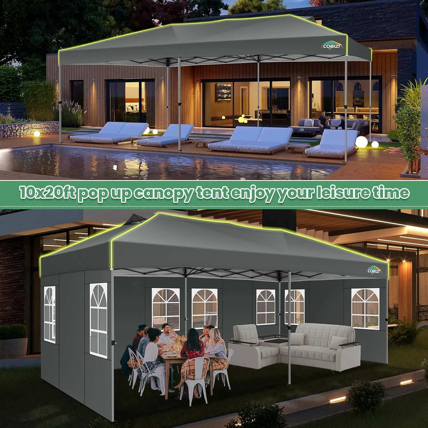 COBIZI 10x20 Pop Up Canopy Tent with 6 Removable Sidewalls, One Push Party Tent Outdoor Waterproof Event Canopy with Air Vent for Parties Commercial Wedding, 3 Height, Carry Bag, Sandbag, Gray