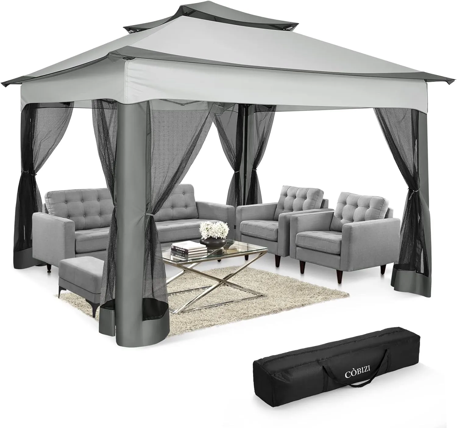 COBIZI 11x11 Pop Up Gazebo One-Push Canopy Tent, Carpas Para Patio, Outdoor Canopy Shelter with Double Roof Ventiation 121 Square Feet of Shade for Lawn, Garden, Backyard and Deck, Gray (Upgraded 2.0)