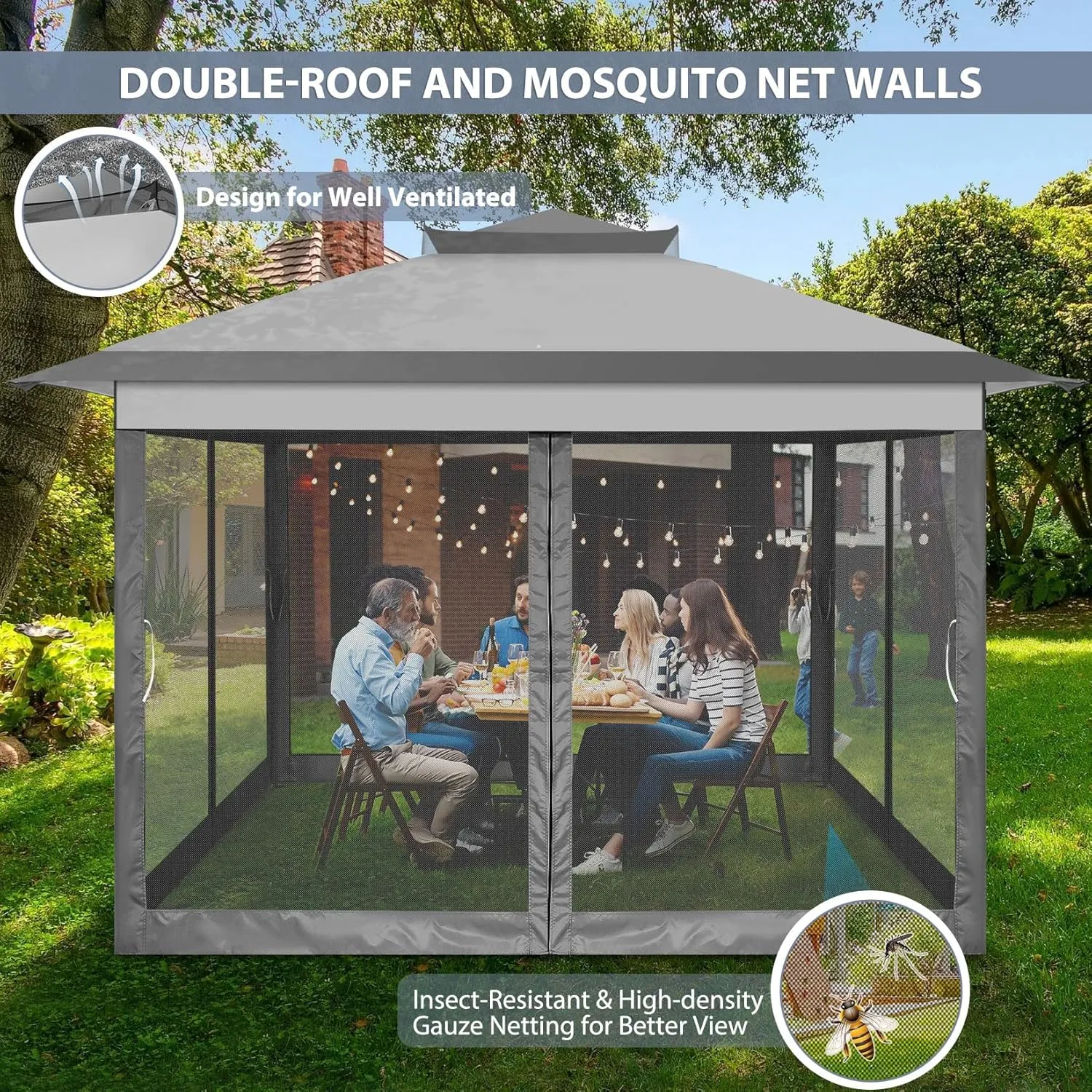 COBIZI 11x11 Pop Up Gazebo One-Push Canopy Tent, Carpas Para Patio, Outdoor Canopy Shelter with Double Roof Ventiation 121 Square Feet of Shade for Lawn, Garden, Backyard and Deck, Gray (Upgraded 2.0)