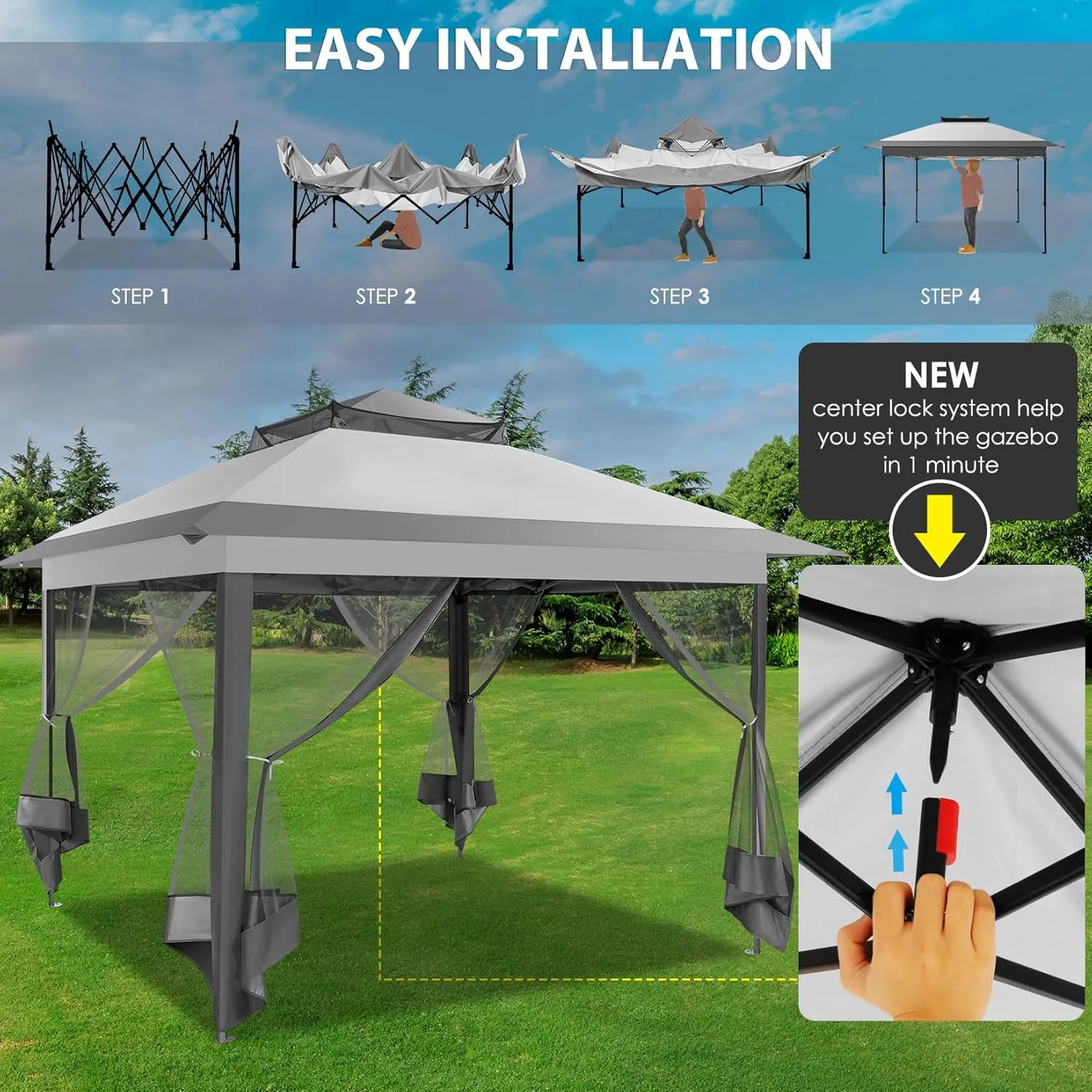 COBIZI 11x11 Pop Up Gazebo One-Push Canopy Tent, Carpas Para Patio, Outdoor Canopy Shelter with Double Roof Ventiation 121 Square Feet of Shade for Lawn, Garden, Backyard and Deck, Gray (Upgraded 2.0)
