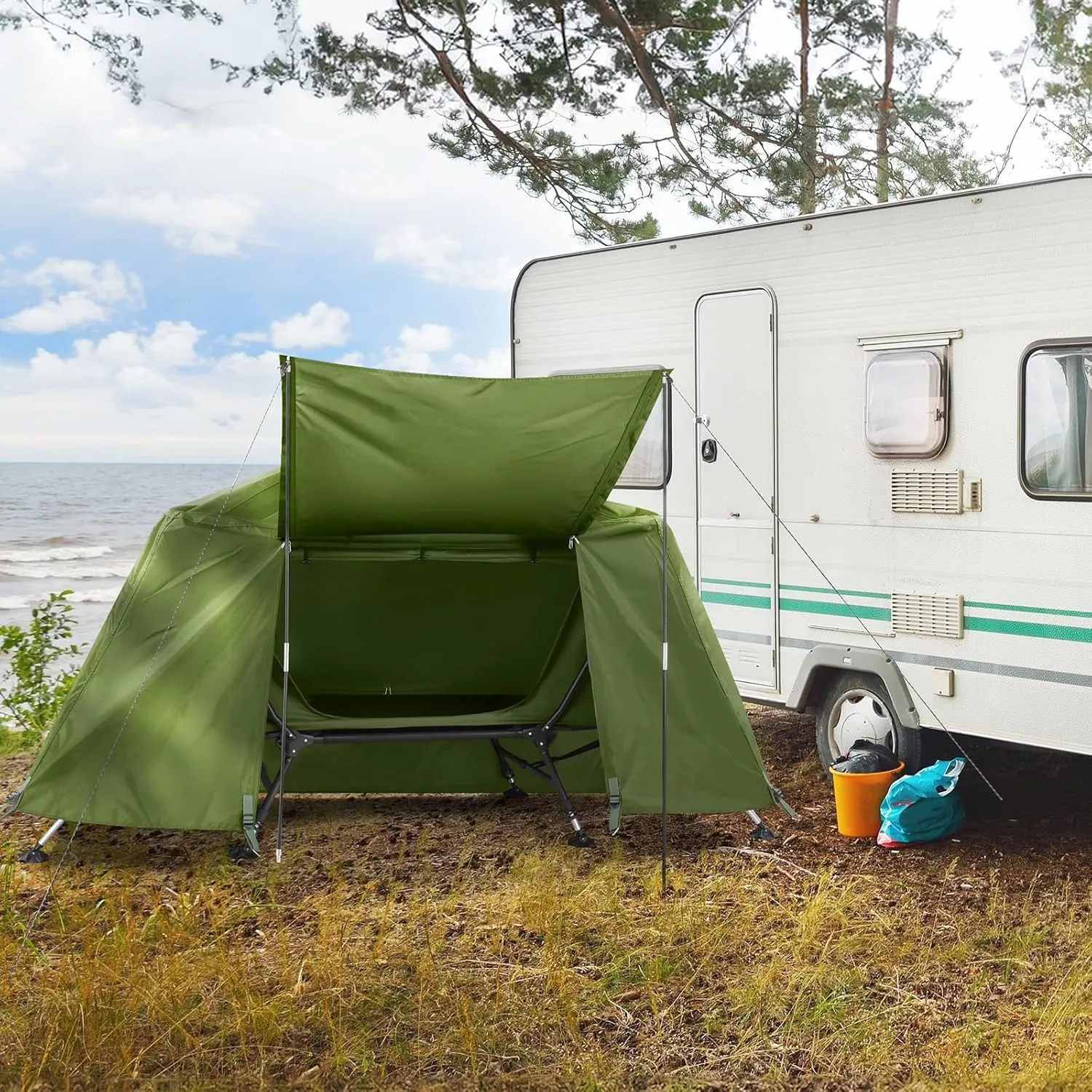 Collapsible Camping Tent, All-Weather Folding Outdoor Tent with Cot and Storage Bag, Portable Adjustable Easy Setup Beach Tents, Windproof & Waterproof Family Sun Shelter Tents, Holds 396 Lbs