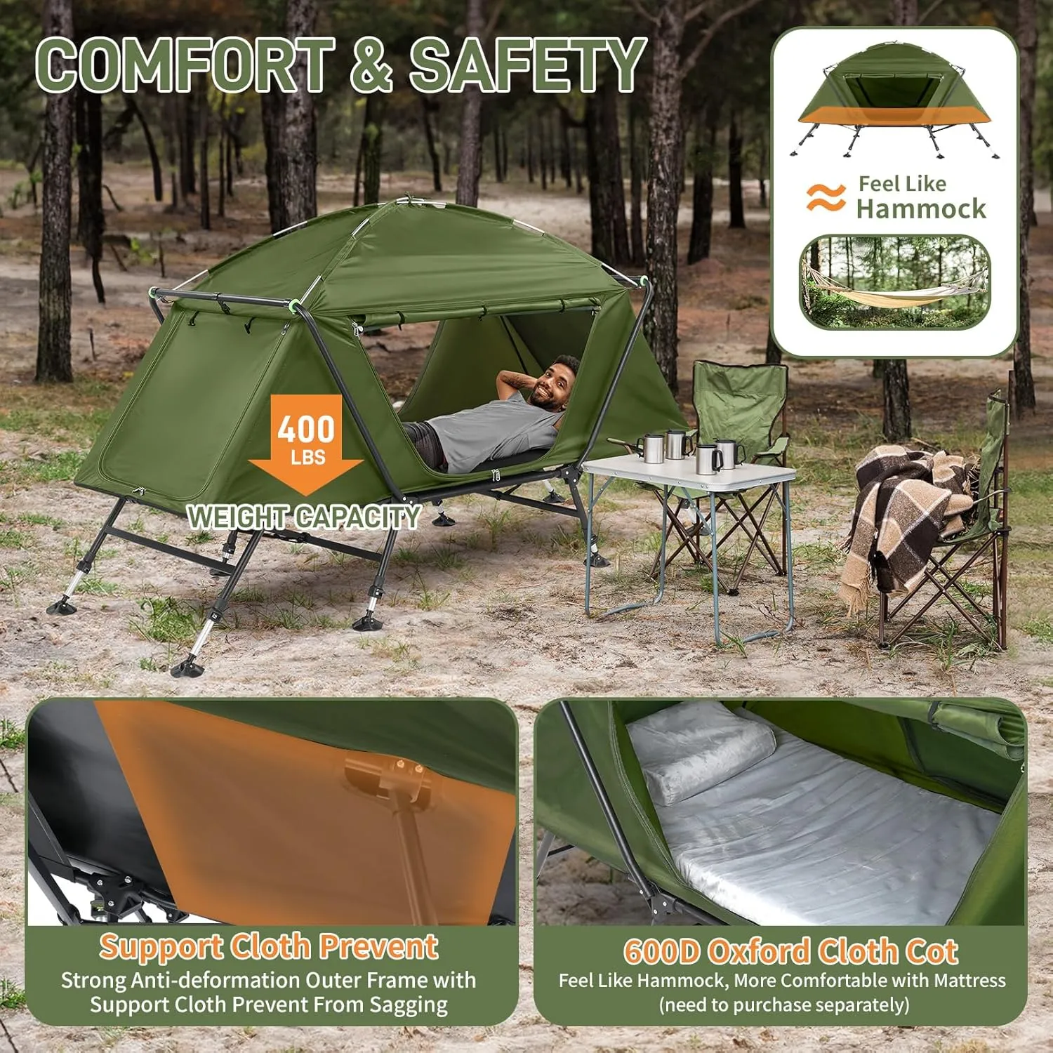 Collapsible Camping Tent, All-Weather Folding Outdoor Tent with Cot and Storage Bag, Portable Adjustable Easy Setup Beach Tents, Windproof & Waterproof Family Sun Shelter Tents, Holds 396 Lbs