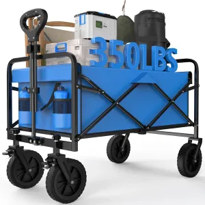 Collapsible Wagon Cart Foldable, 35" L Folding Beach Wagon with All-Terrain Wheels, Heavy Duty Shopping Cart with 350lbs Large Capacity, Portable Camping Wagons Carts for Grocery Garden, Blue