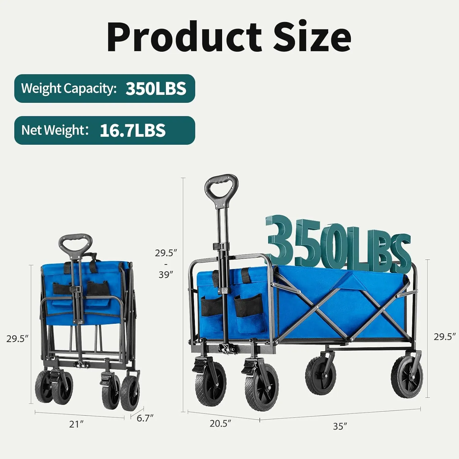 Collapsible Wagon Cart Foldable, 35" L Folding Beach Wagon with All-Terrain Wheels, Heavy Duty Shopping Cart with 350lbs Large Capacity, Portable Camping Wagons Carts for Grocery Garden, Blue