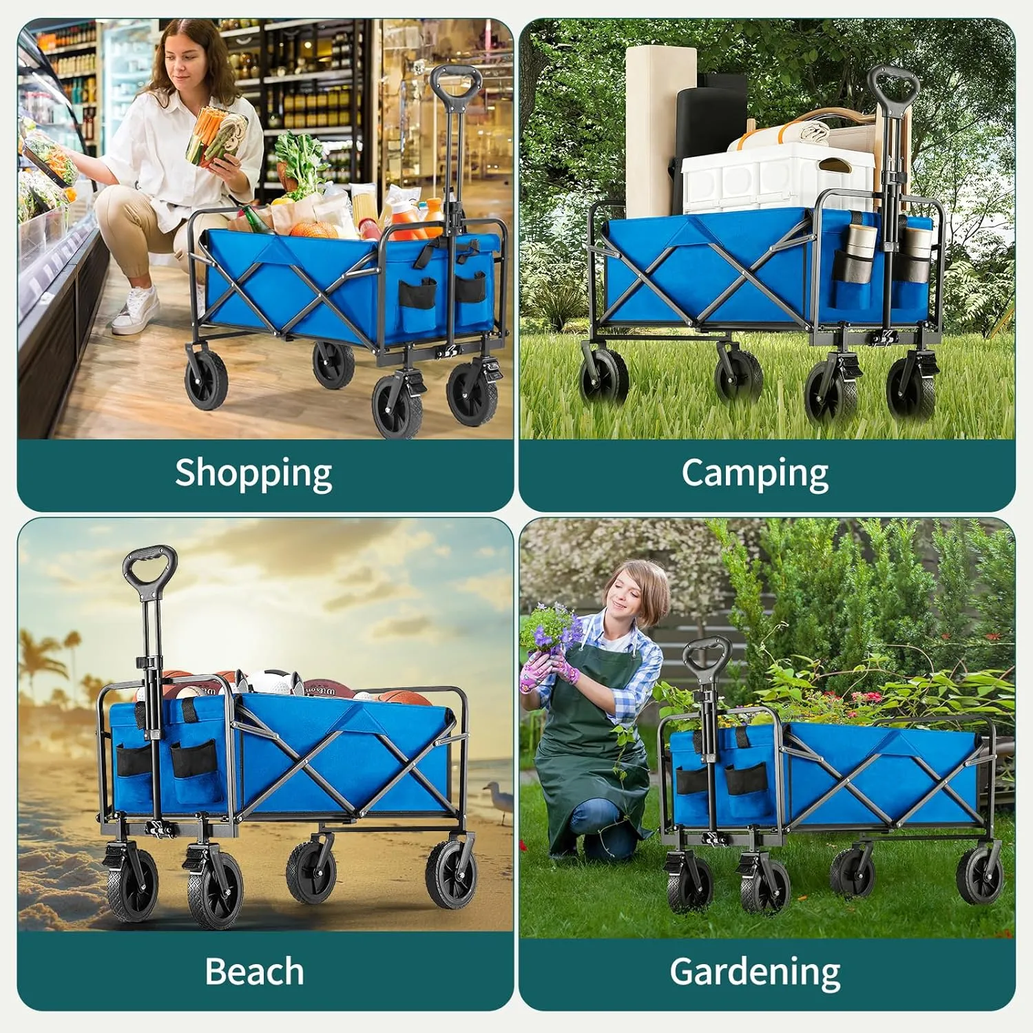 Collapsible Wagon Cart Foldable, 35" L Folding Beach Wagon with All-Terrain Wheels, Heavy Duty Shopping Cart with 350lbs Large Capacity, Portable Camping Wagons Carts for Grocery Garden, Blue