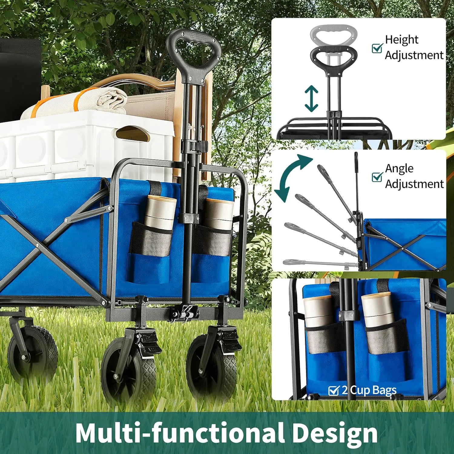 Collapsible Wagon Cart Foldable, 35" L Folding Beach Wagon with All-Terrain Wheels, Heavy Duty Shopping Cart with 350lbs Large Capacity, Portable Camping Wagons Carts for Grocery Garden, Blue
