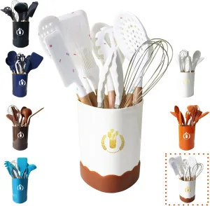 Color Dots Silicone Kitchen Cooking Utensils Set, 11pcs, Wooden Handle, Heat Resistant, Non-Stick Cookware Safe