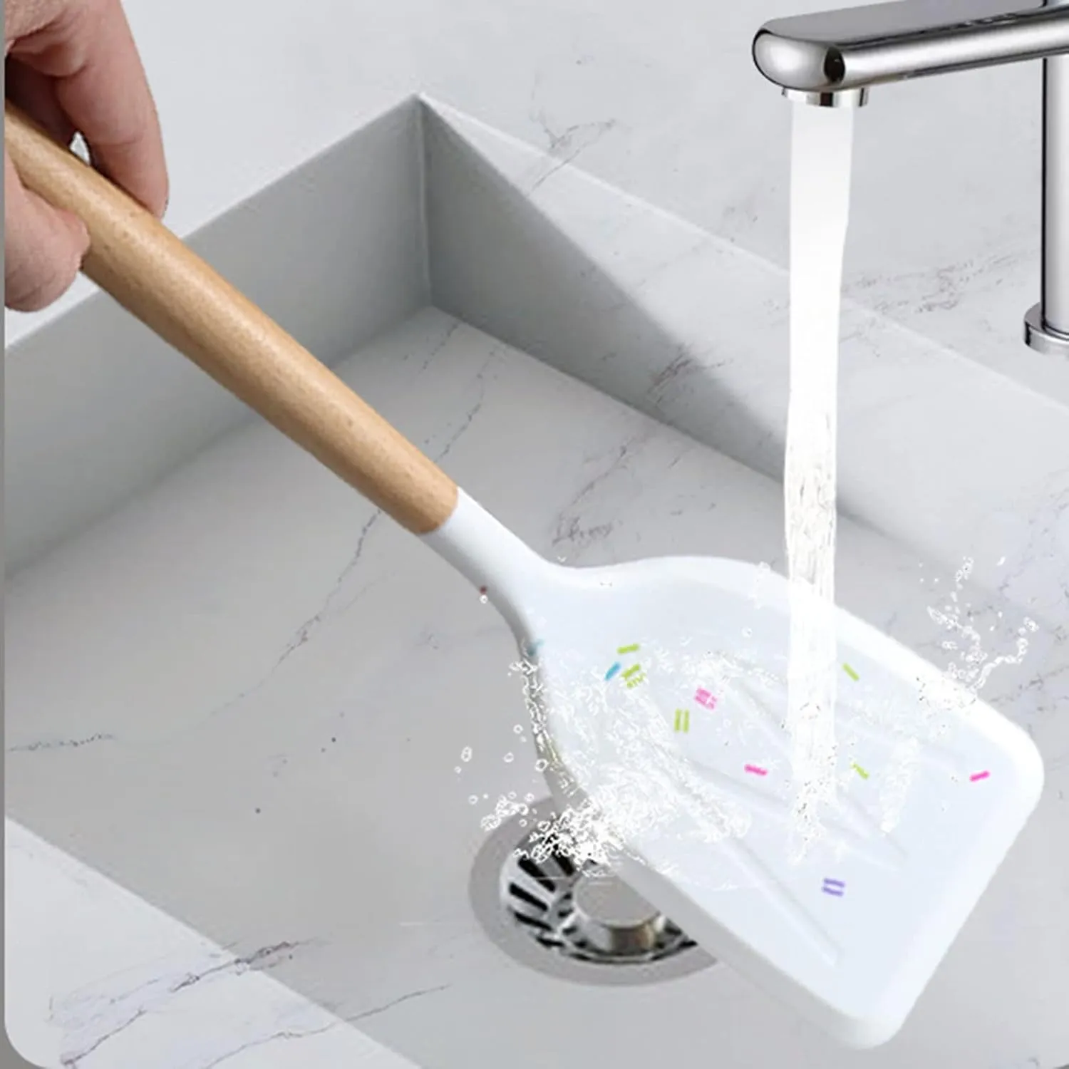 Color Dots Silicone Kitchen Cooking Utensils Set, 11pcs, Wooden Handle, Heat Resistant, Non-Stick Cookware Safe