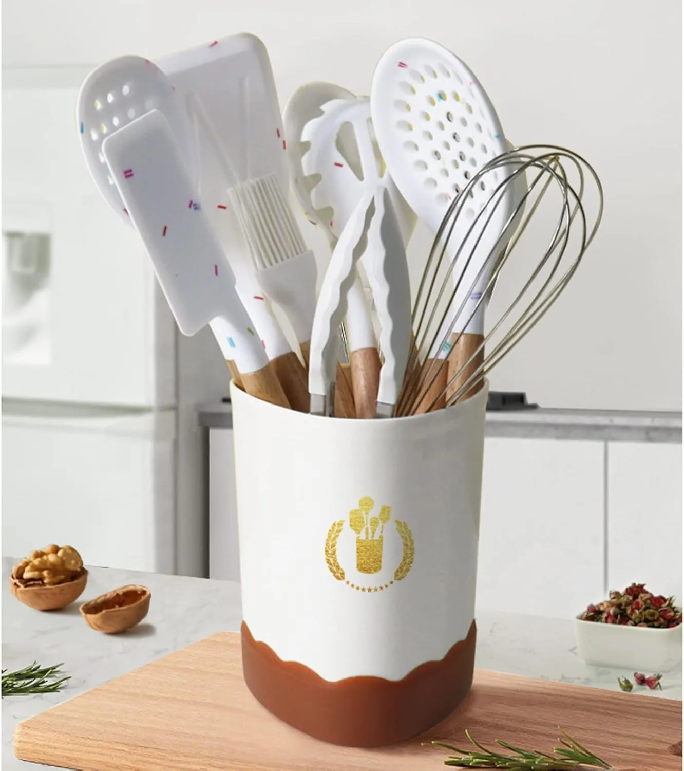 Color Dots Silicone Kitchen Cooking Utensils Set, 11pcs, Wooden Handle, Heat Resistant, Non-Stick Cookware Safe