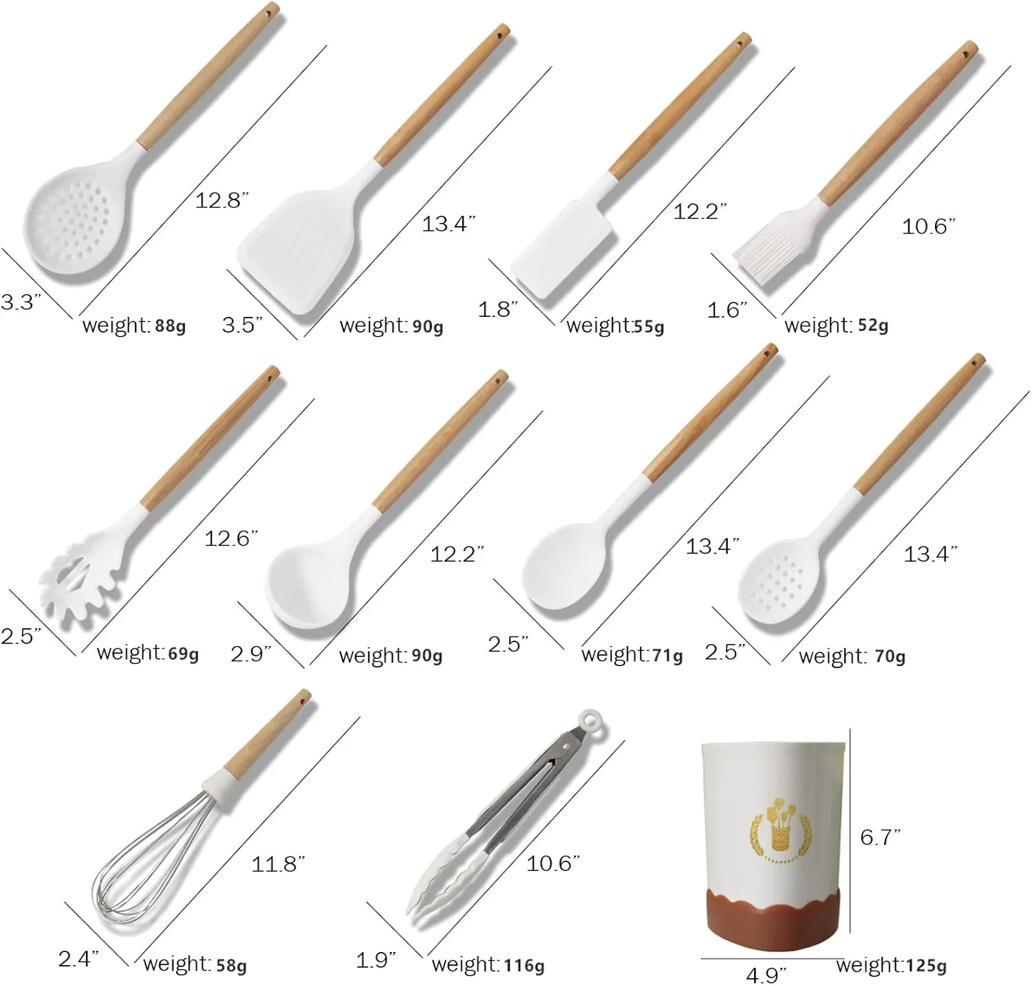 Color Dots Silicone Kitchen Cooking Utensils Set, 11pcs, Wooden Handle, Heat Resistant, Non-Stick Cookware Safe