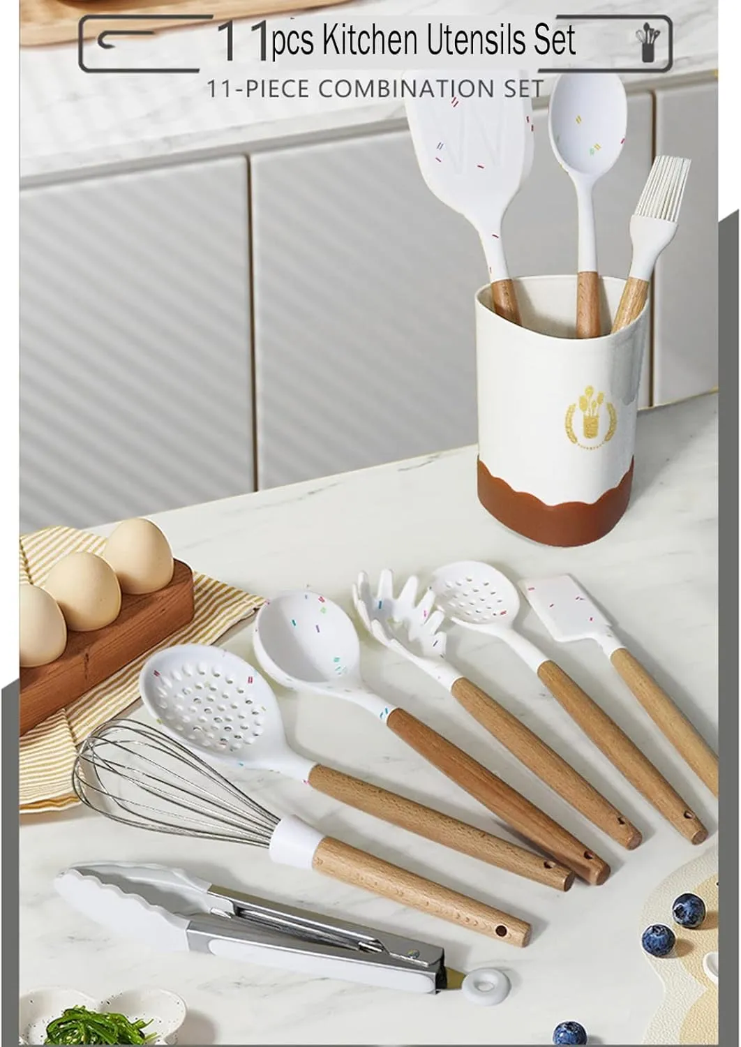 Color Dots Silicone Kitchen Cooking Utensils Set, 11pcs, Wooden Handle, Heat Resistant, Non-Stick Cookware Safe