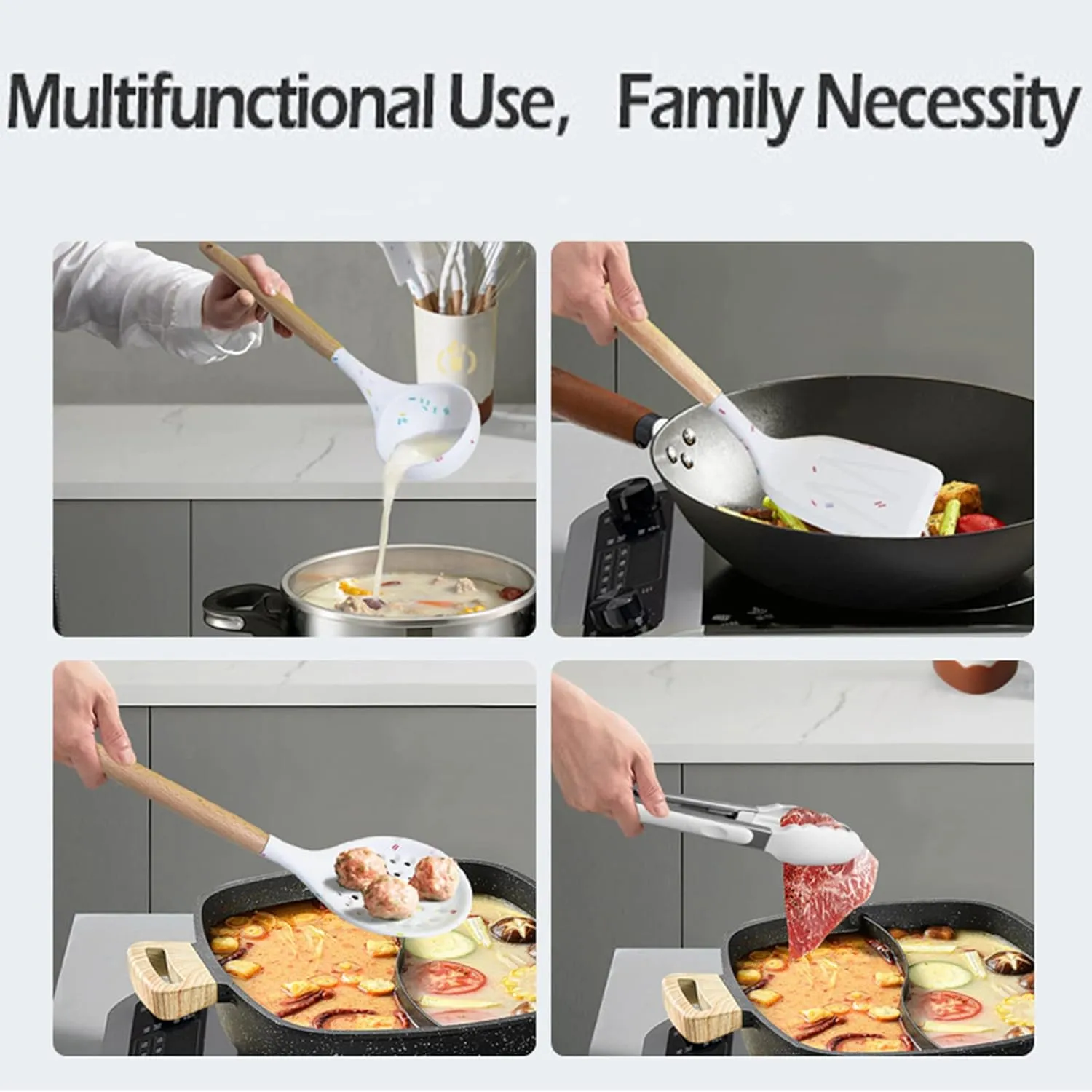 Color Dots Silicone Kitchen Cooking Utensils Set, 11pcs, Wooden Handle, Heat Resistant, Non-Stick Cookware Safe