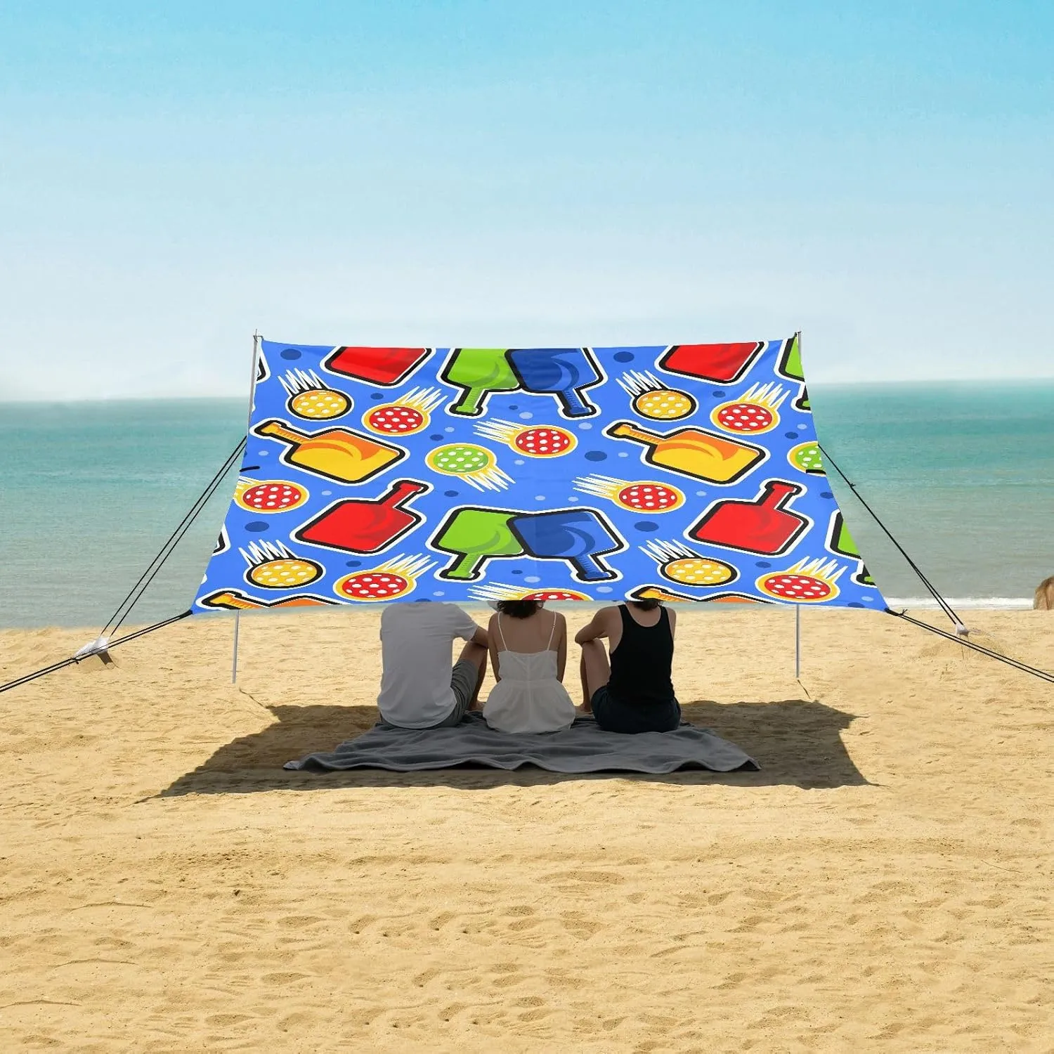 Colorful Energetic Pickleball Beach Canopy Tent Anti-UV & Wind Resistant, Camping Sun Shelter Easy Setup Portable,Outdoor Shade Tents with Sandbags,Sand Shovels,Ground Pegs & Stability Poles