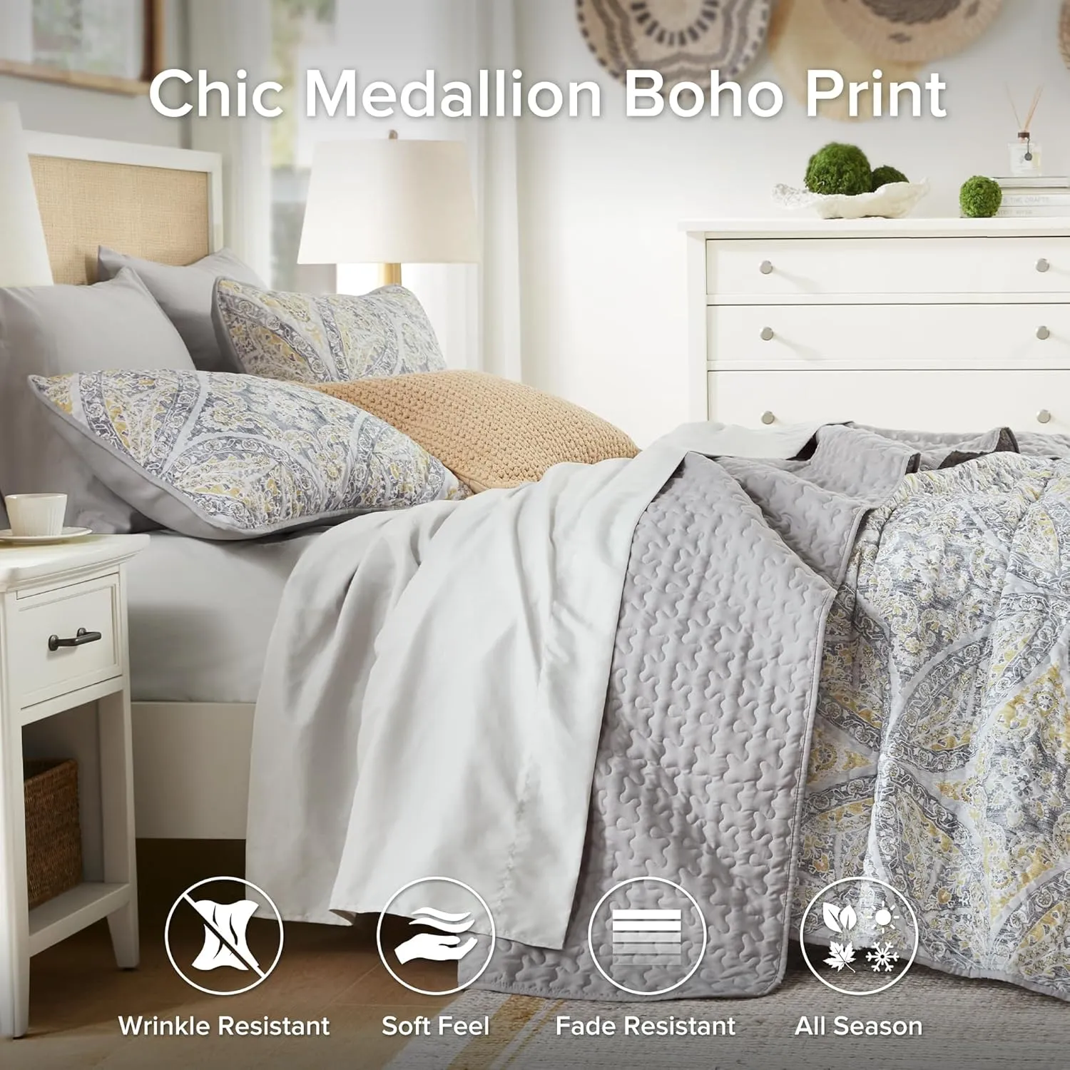 Comfort Spaces Boho Quilt Set Twin Reversible Vermicelli Quilting Twin Size Bed, All Season, Lightweight, Coverlet Winter Layer Bedding, Shams, Gloria, Twin/Twin XL Grey/Yellow 2 Piece