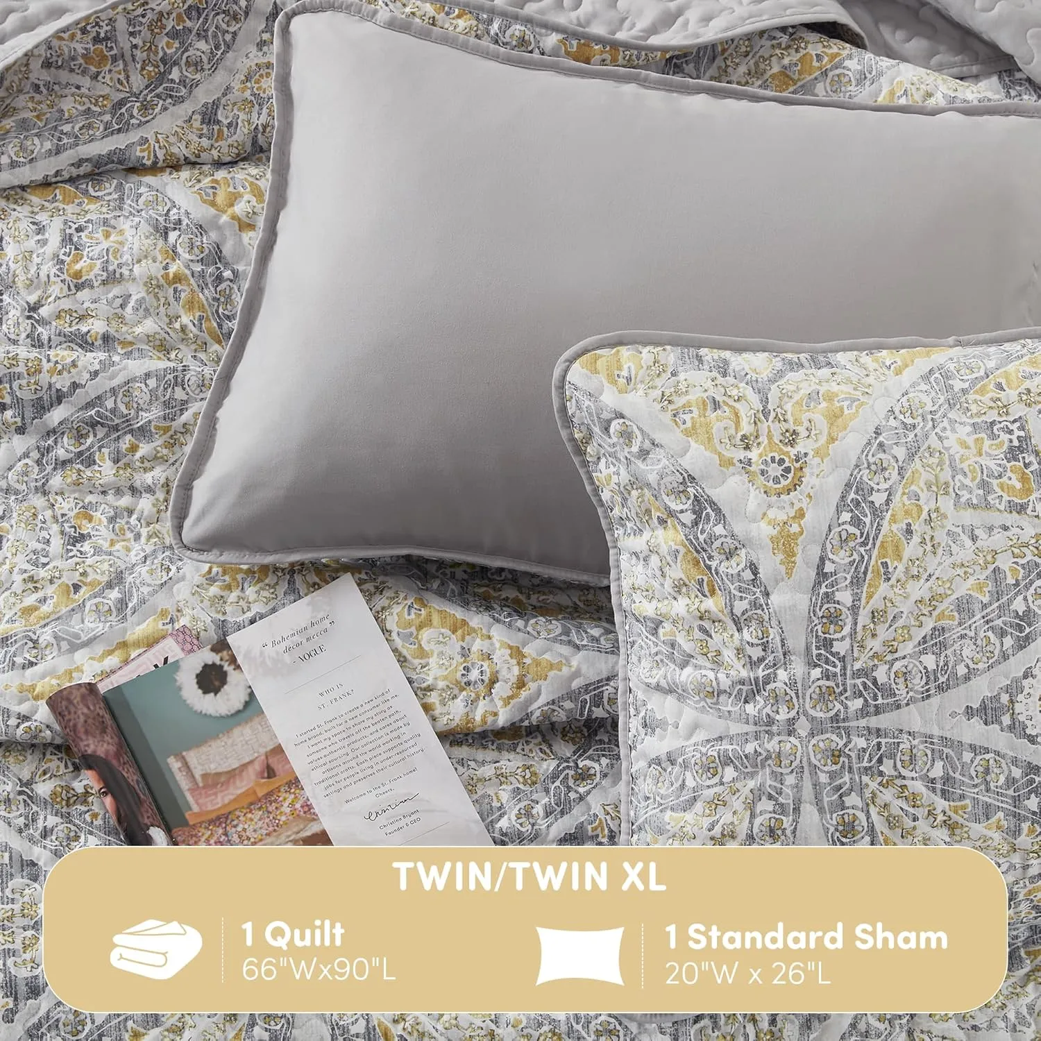 Comfort Spaces Boho Quilt Set Twin Reversible Vermicelli Quilting Twin Size Bed, All Season, Lightweight, Coverlet Winter Layer Bedding, Shams, Gloria, Twin/Twin XL Grey/Yellow 2 Piece