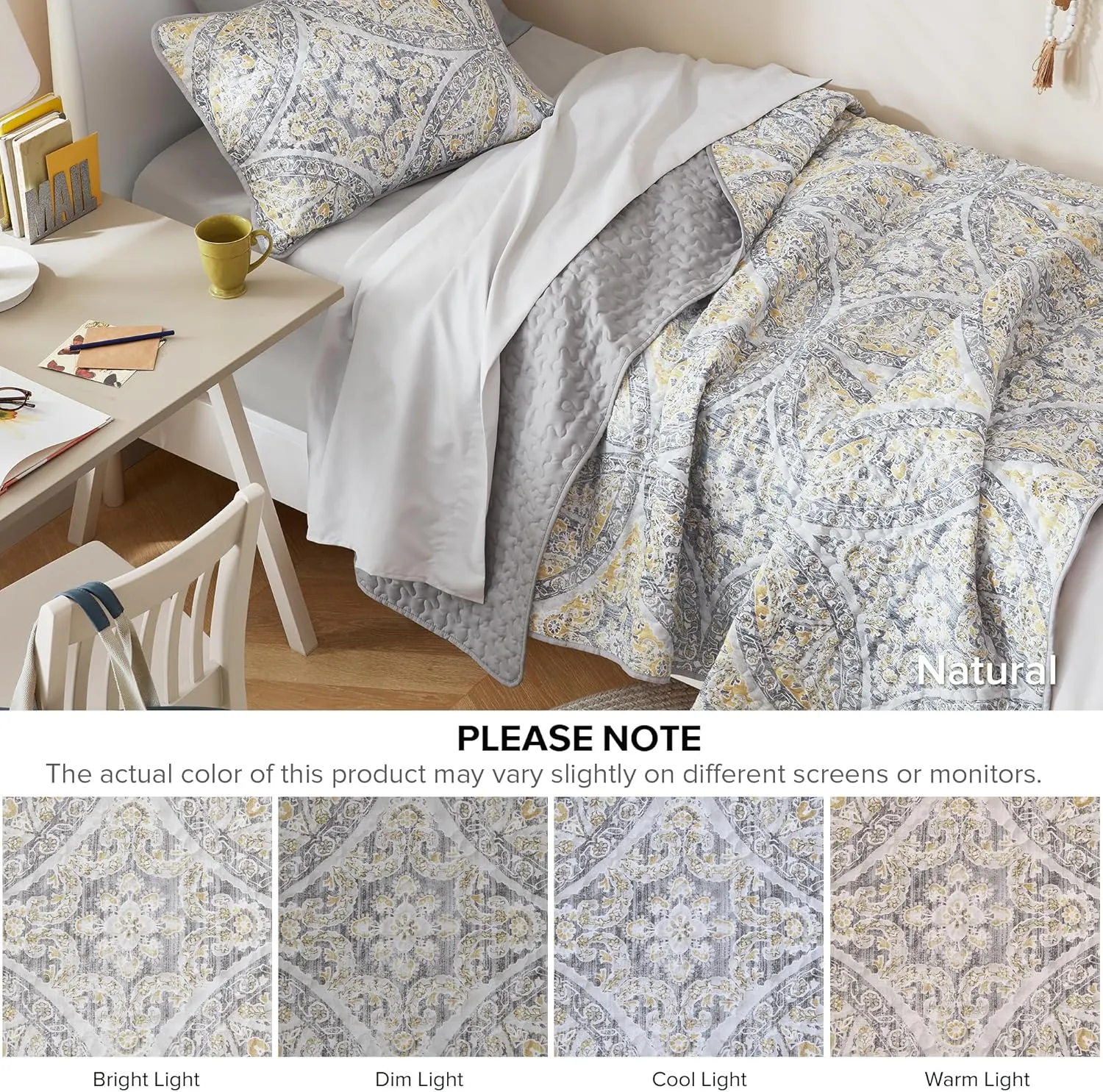 Comfort Spaces Boho Quilt Set Twin Reversible Vermicelli Quilting Twin Size Bed, All Season, Lightweight, Coverlet Winter Layer Bedding, Shams, Gloria, Twin/Twin XL Grey/Yellow 2 Piece