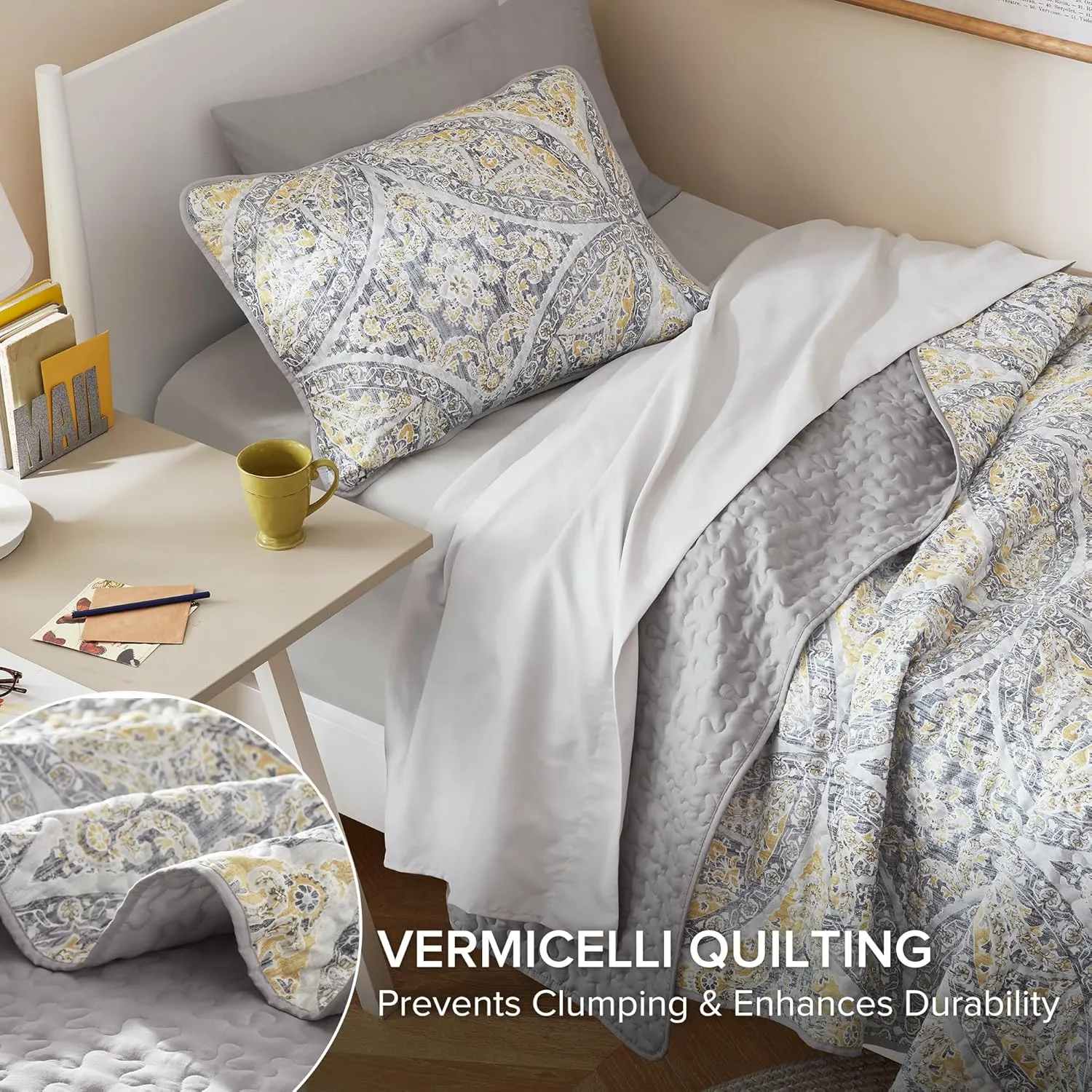 Comfort Spaces Boho Quilt Set Twin Reversible Vermicelli Quilting Twin Size Bed, All Season, Lightweight, Coverlet Winter Layer Bedding, Shams, Gloria, Twin/Twin XL Grey/Yellow 2 Piece