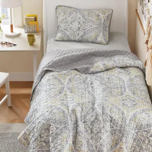 Comfort Spaces Boho Quilt Set Twin Reversible Vermicelli Quilting Twin Size Bed, All Season, Lightweight, Coverlet Winter Layer Bedding, Shams, Gloria, Twin/Twin XL Grey/Yellow 2 Piece