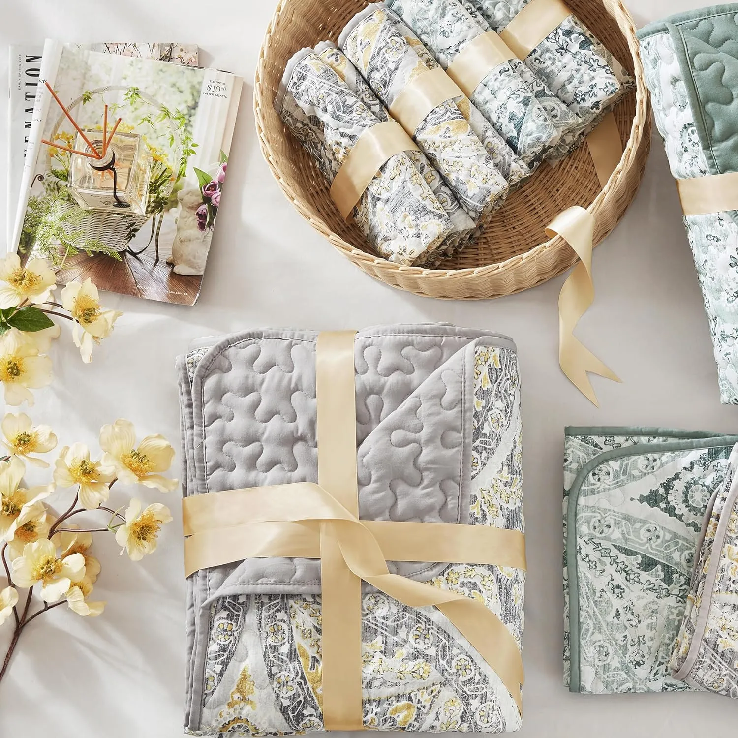 Comfort Spaces Boho Quilt Set Twin Reversible Vermicelli Quilting Twin Size Bed, All Season, Lightweight, Coverlet Winter Layer Bedding, Shams, Gloria, Twin/Twin XL Grey/Yellow 2 Piece