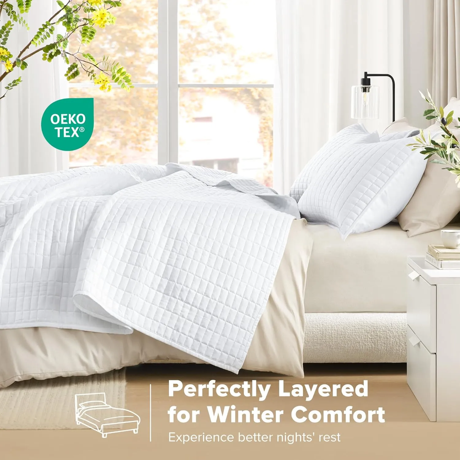 Comfort Spaces Kienna Quilt Set-Luxury Double Sided Stitching Design Summer Blanket, Lightweight, Soft, All Season Bedding Layer, Matching Sham, White, Coverlet King (104"x90") 3 Piece