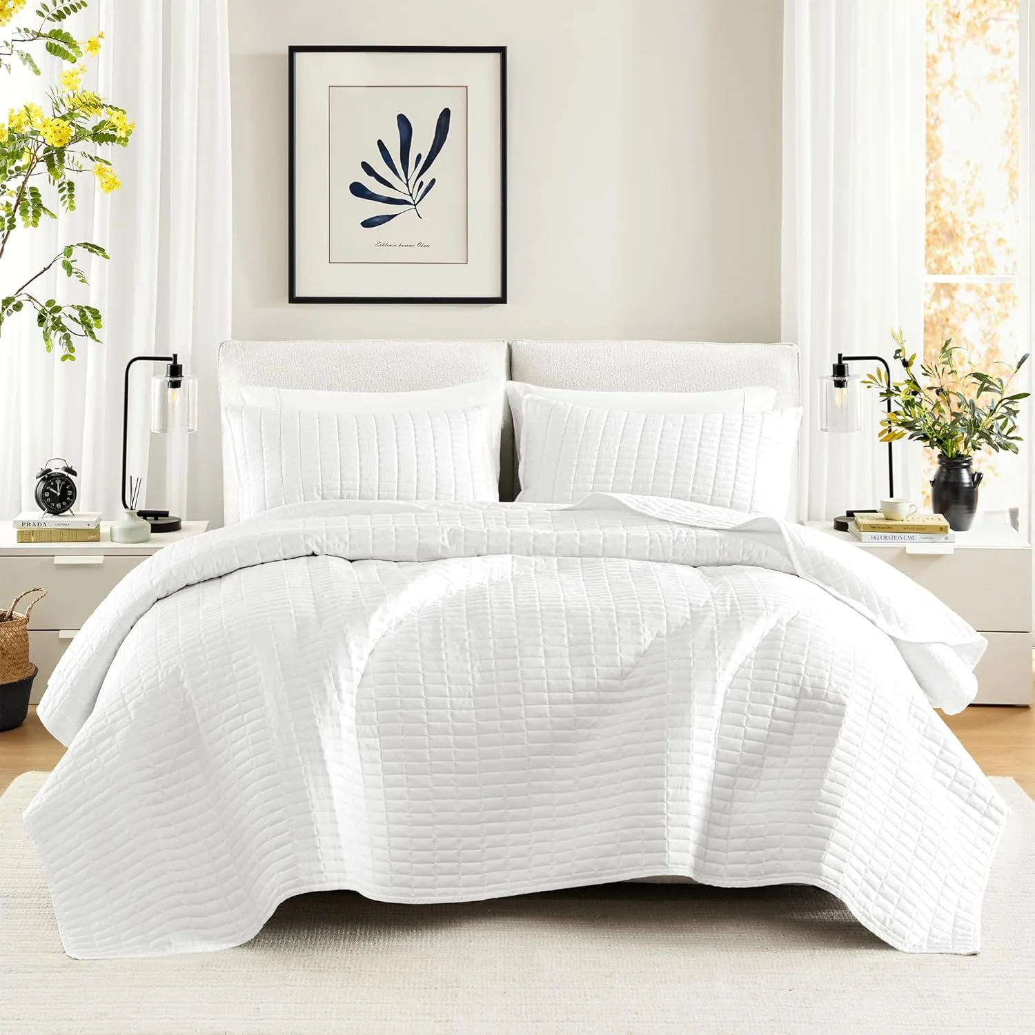 Comfort Spaces Kienna Quilt Set-Luxury Double Sided Stitching Design Summer Blanket, Lightweight, Soft, All Season Bedding Layer, Matching Sham, White, Coverlet King (104"x90") 3 Piece