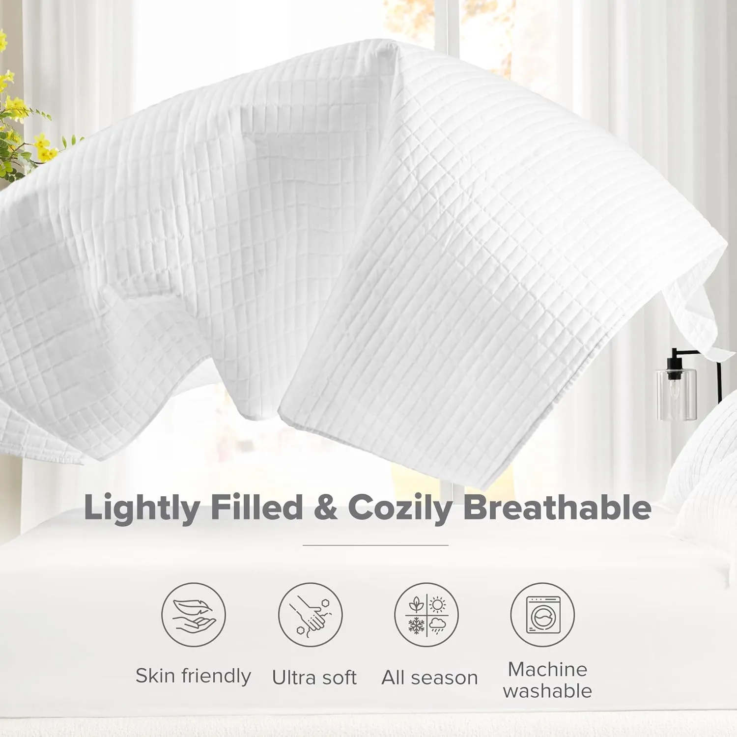 Comfort Spaces Kienna Quilt Set-Luxury Double Sided Stitching Design Summer Blanket, Lightweight, Soft, All Season Bedding Layer, Matching Sham, White, Coverlet King (104"x90") 3 Piece