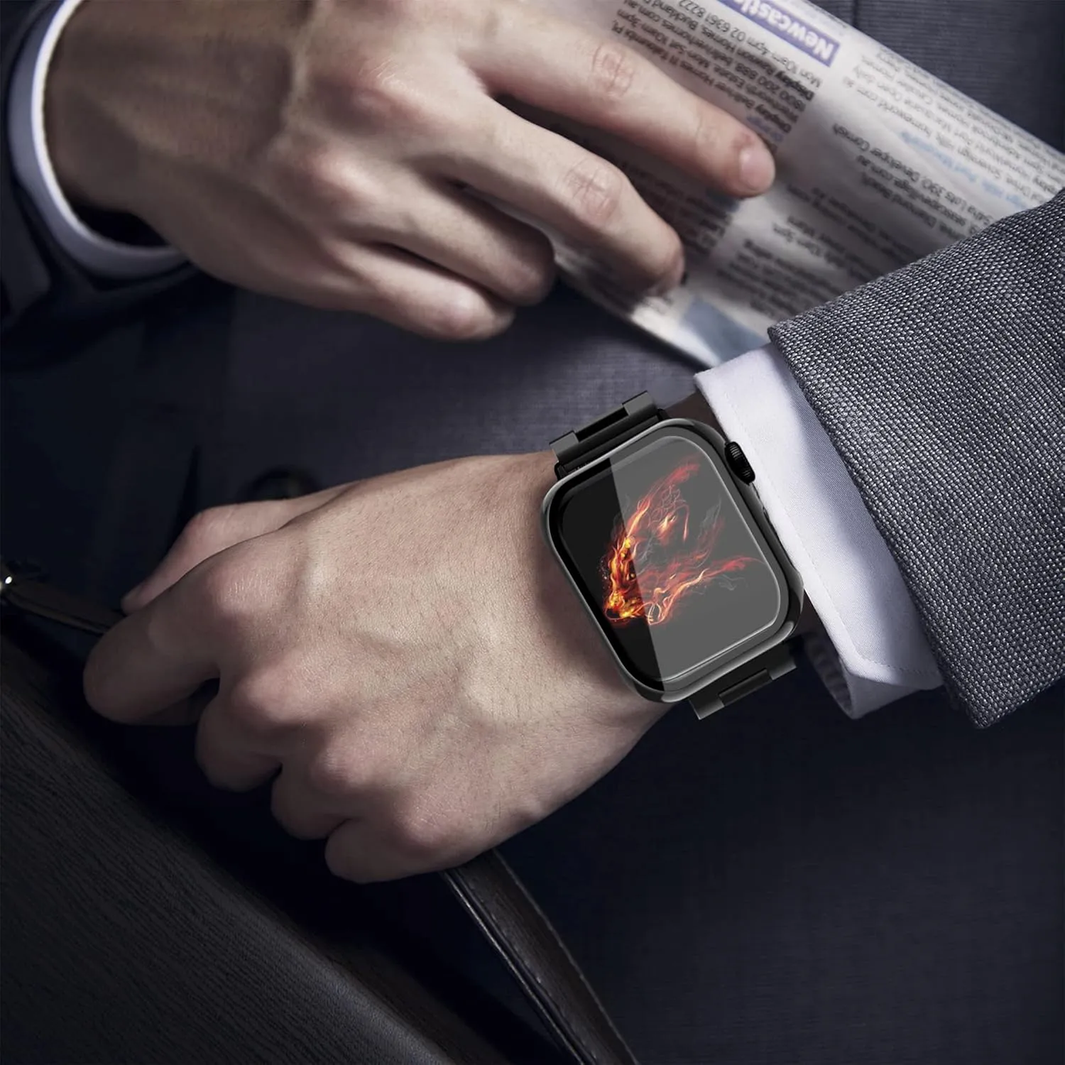 Compatible with Apple Watch Band 49mm 46mm 44mm 45mm 42mm 40mm 38mm 41mm, Stainless Steel iWatch Bands with 2 Pack Tempered Glass Screen Case for Series 10/9 Ultra 2 8/7/6/5/4/3/2/1/SE for Men