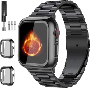 Compatible with Apple Watch Band 49mm 46mm 44mm 45mm 42mm 40mm 38mm 41mm, Stainless Steel iWatch Bands with 2 Pack Tempered Glass Screen Case for Series 10/9 Ultra 2 8/7/6/5/4/3/2/1/SE for Men