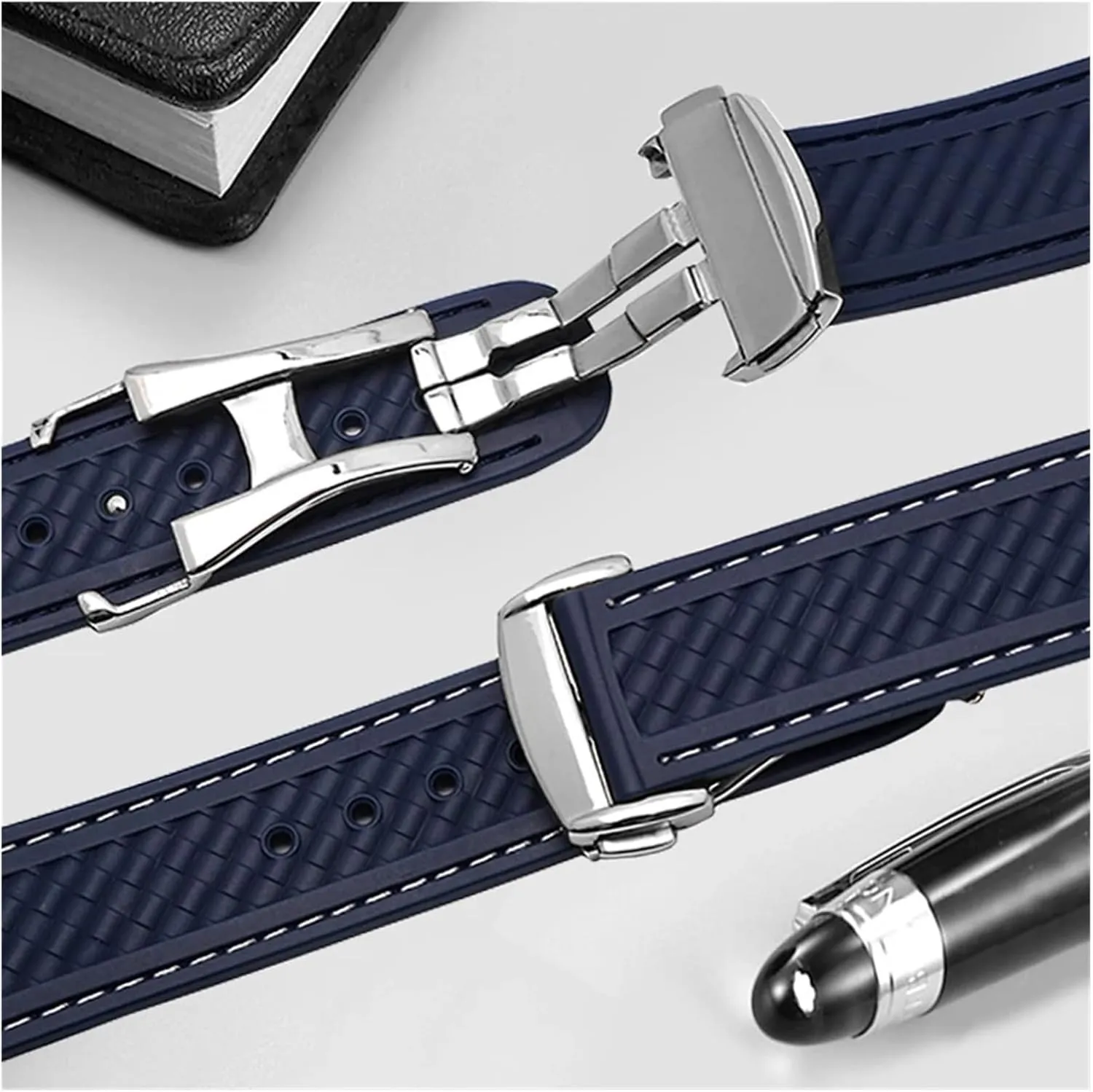 Compatible with AT150 Terra Diving Strap Rubber Strap Black Blue Silicone Strap 20mm Bracelet(Blue Silver Clasp)