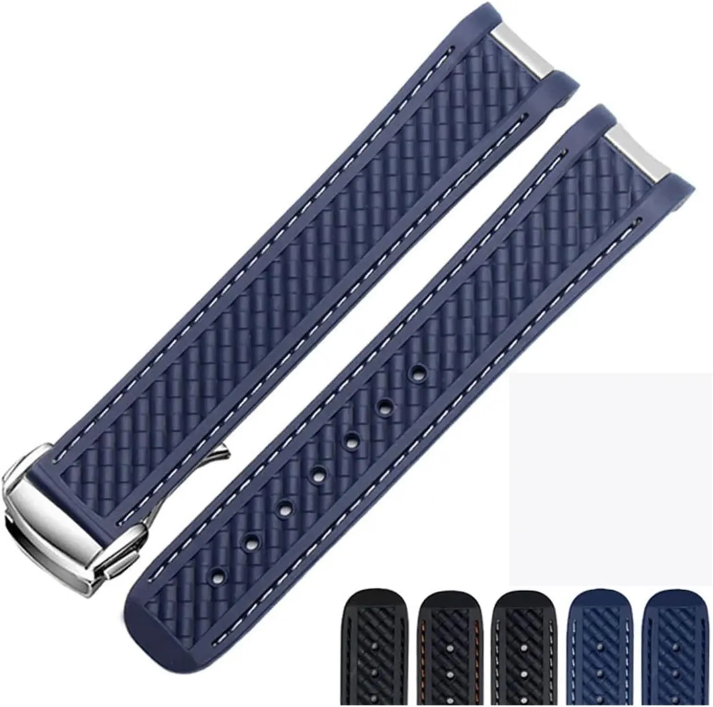 Compatible with AT150 Terra Diving Strap Rubber Strap Black Blue Silicone Strap 20mm Bracelet(Blue Silver Clasp)