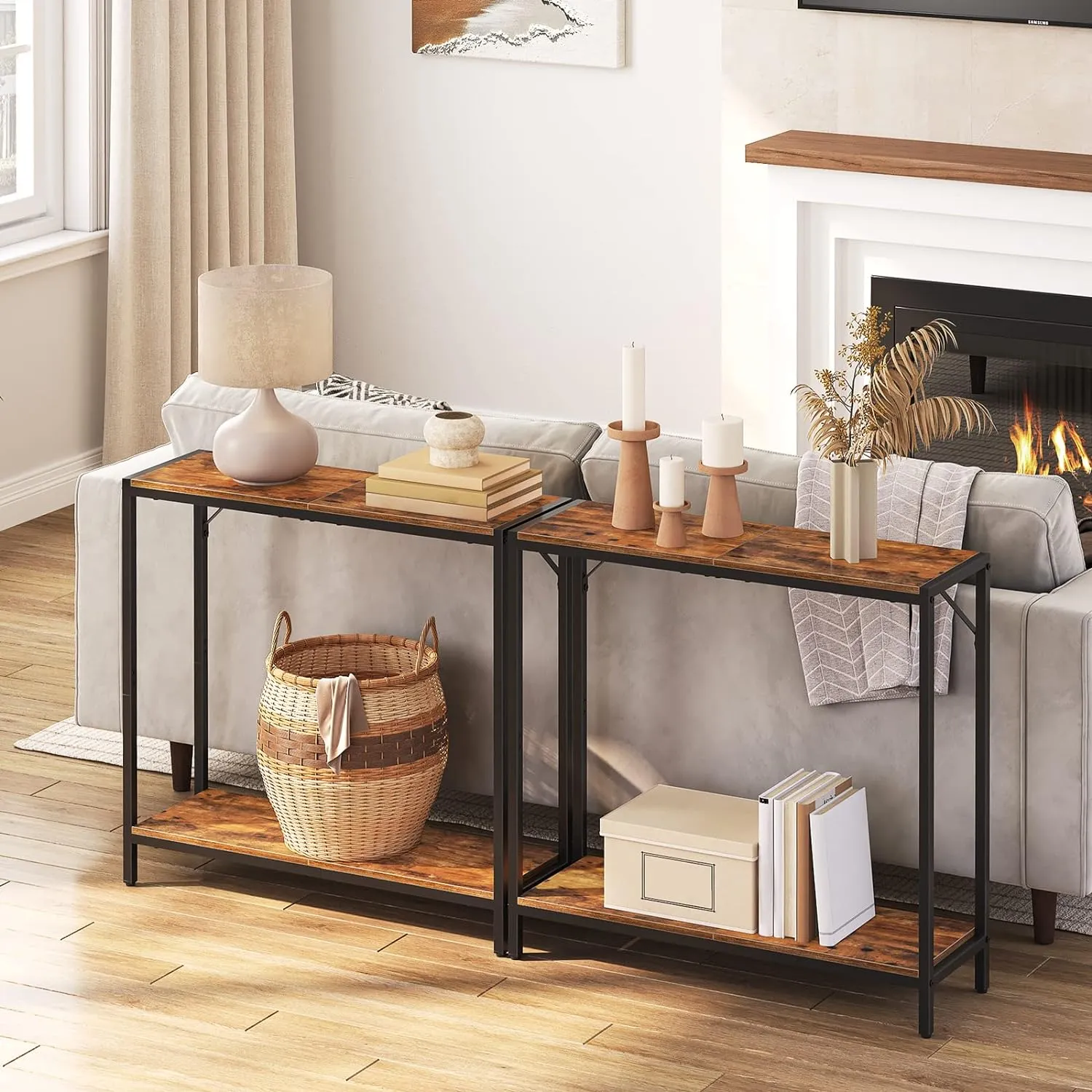 Console Table, 2-Tier Entrance Table, Behind Sofa Table, Industrial Style, Sturdy and Stable, for Living Room, Entryway, Foyer, Corridor, Office, Rustic Brown and Black CTHR27601