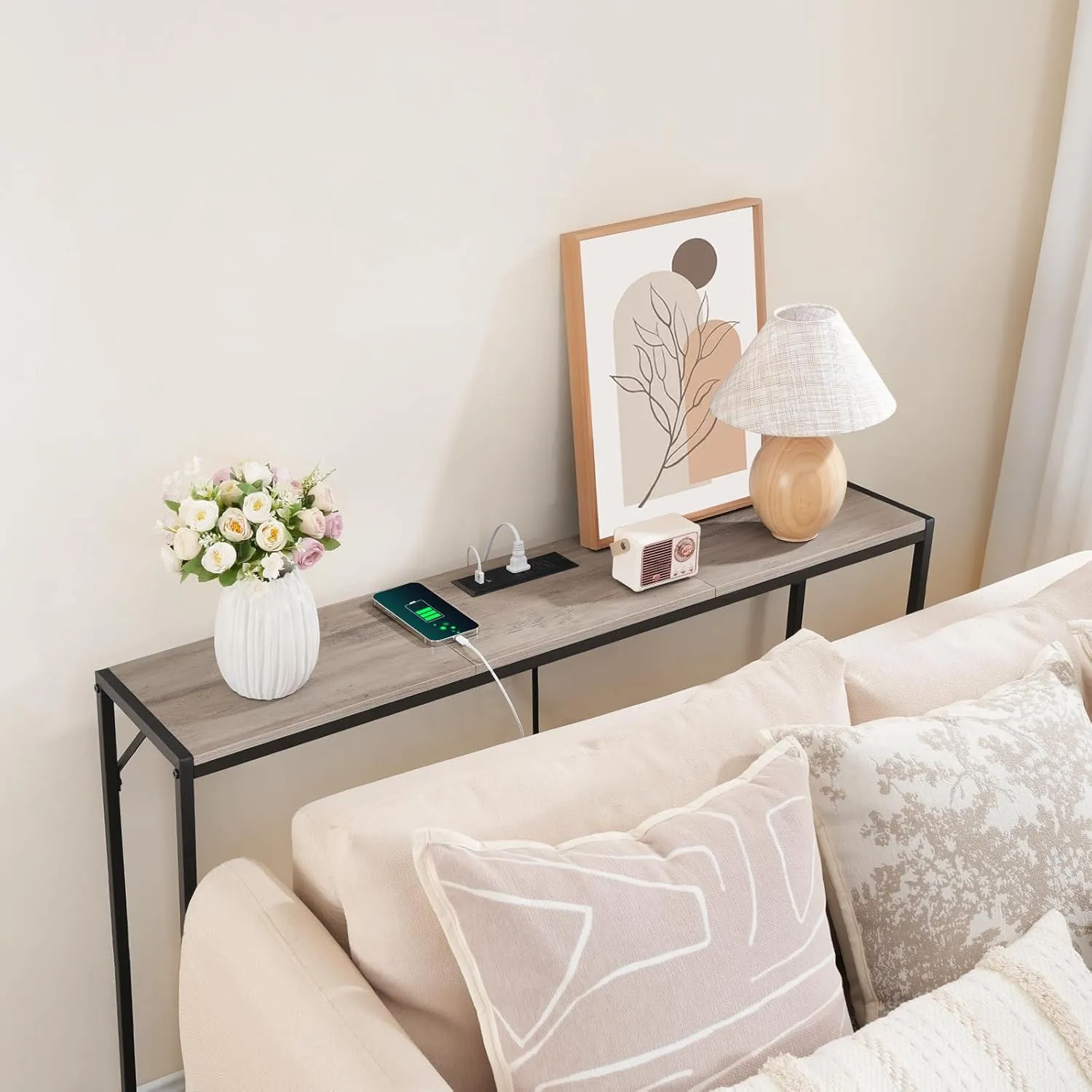 Console Table, Narrow Sofa Table, 43.3” Entrance Table with Power Station, Behind Couch Table, Simple Style, for Living Room, Hallway, Entryway, Foyer, Greige and Black CTHG112E01