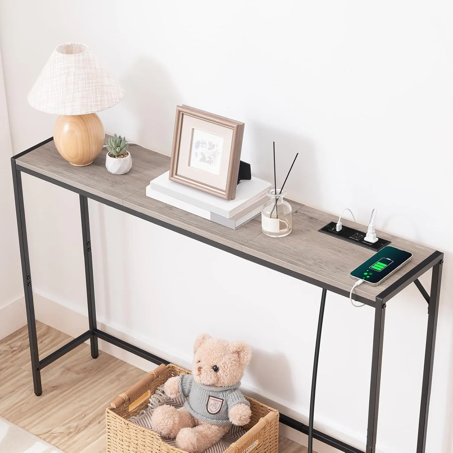Console Table, Narrow Sofa Table, 43.3” Entrance Table with Power Station, Behind Couch Table, Simple Style, for Living Room, Hallway, Entryway, Foyer, Greige and Black CTHG112E01