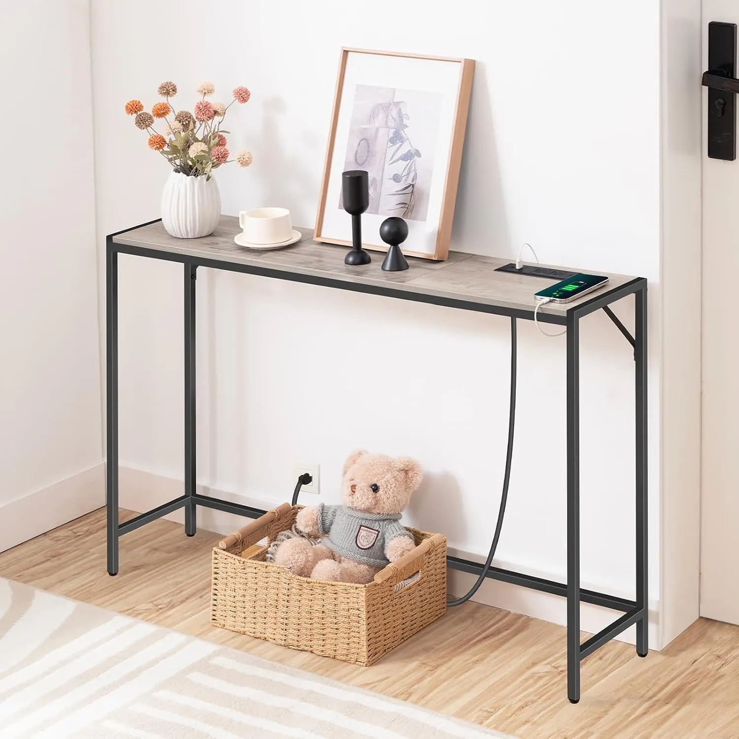 Console Table, Narrow Sofa Table, 43.3” Entrance Table with Power Station, Behind Couch Table, Simple Style, for Living Room, Hallway, Entryway, Foyer, Greige and Black CTHG112E01