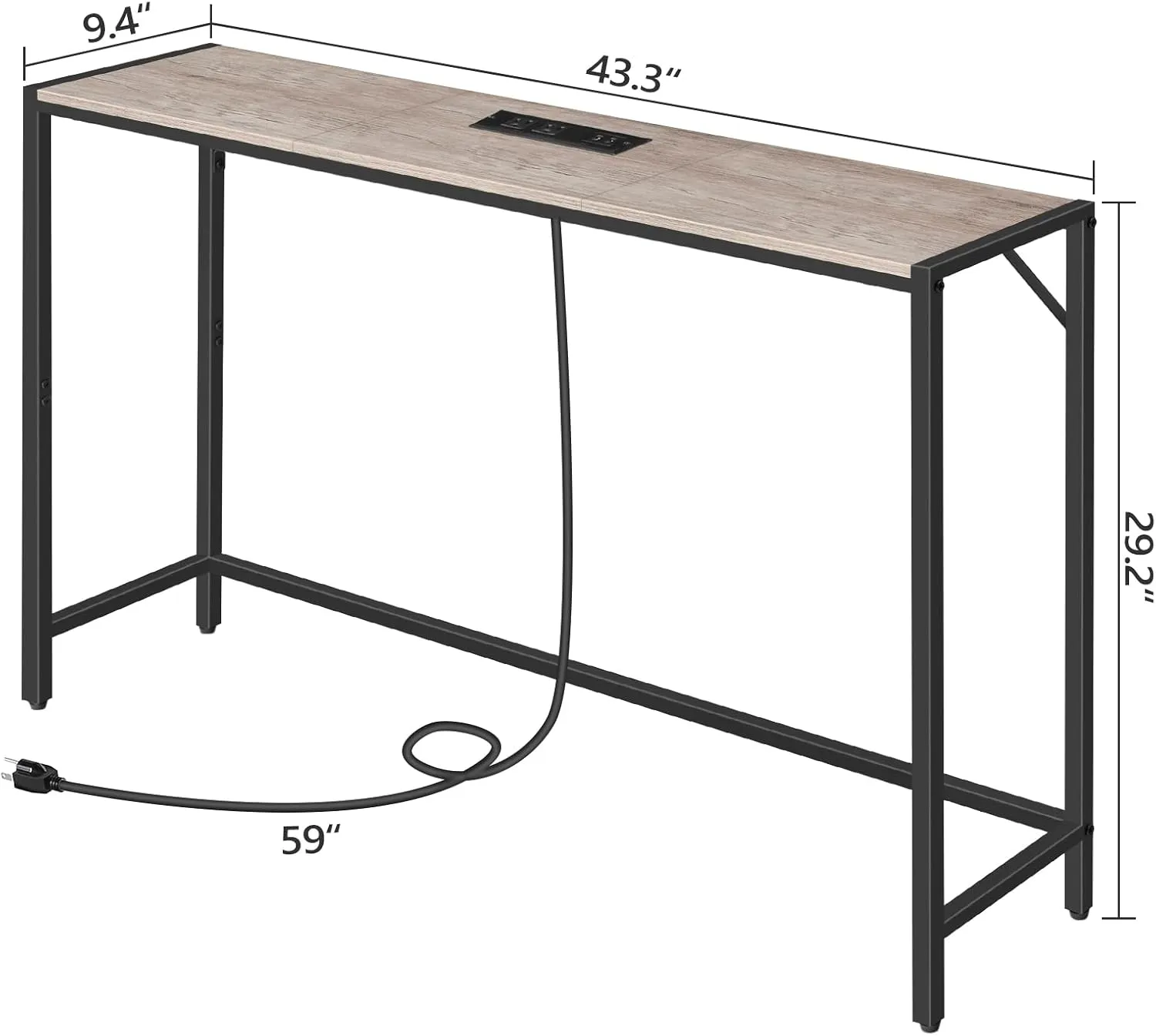 Console Table, Narrow Sofa Table, 43.3” Entrance Table with Power Station, Behind Couch Table, Simple Style, for Living Room, Hallway, Entryway, Foyer, Greige and Black CTHG112E01