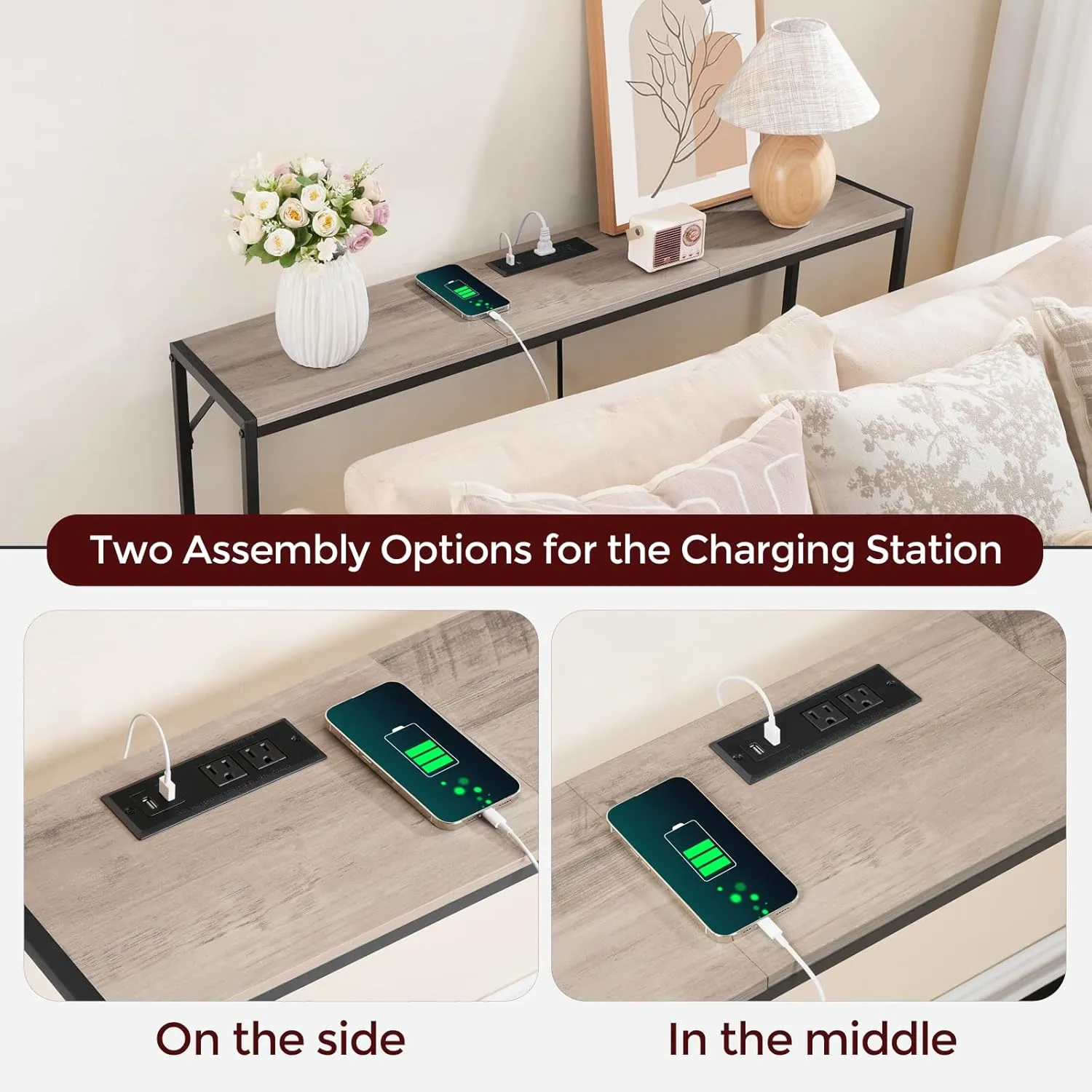 Console Table, Narrow Sofa Table, 43.3” Entrance Table with Power Station, Behind Couch Table, Simple Style, for Living Room, Hallway, Entryway, Foyer, Greige and Black CTHG112E01