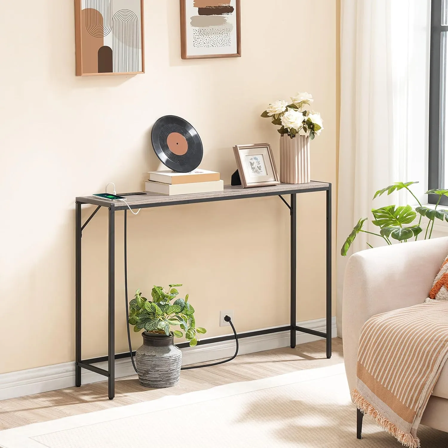 Console Table, Narrow Sofa Table, 43.3” Entrance Table with Power Station, Behind Couch Table, Simple Style, for Living Room, Hallway, Entryway, Foyer, Greige and Black CTHG112E01