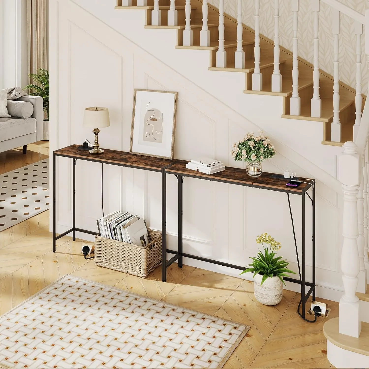 Console Table, Narrow Sofa Table, 43.3” Entrance Table with Power Station, Behind Couch Table, Simple Style, for Living Room, Hallway, Entryway, Foyer, Rustic Brown and Black CTHR112E01