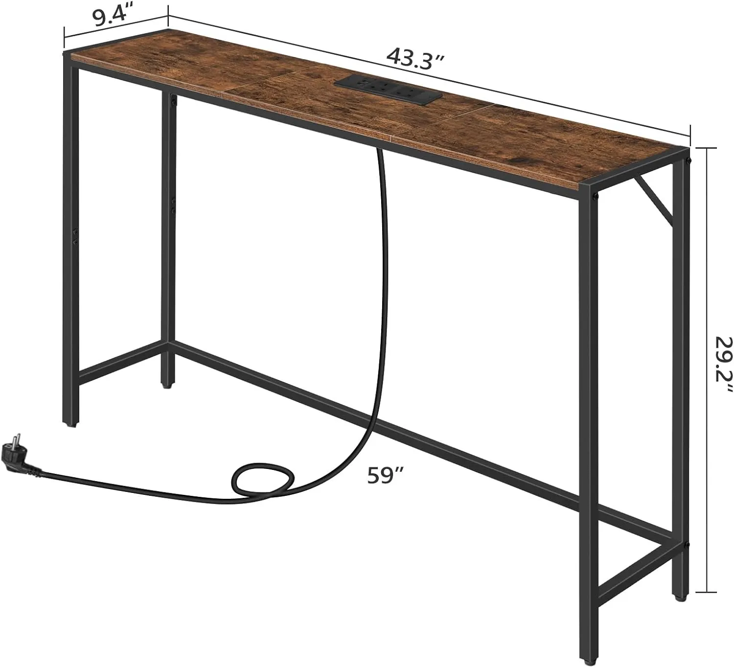 Console Table, Narrow Sofa Table, 43.3” Entrance Table with Power Station, Behind Couch Table, Simple Style, for Living Room, Hallway, Entryway, Foyer, Rustic Brown and Black CTHR112E01