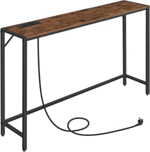 Console Table, Narrow Sofa Table, 43.3” Entrance Table with Power Station, Behind Couch Table, Simple Style, for Living Room, Hallway, Entryway, Foyer, Rustic Brown and Black CTHR112E01