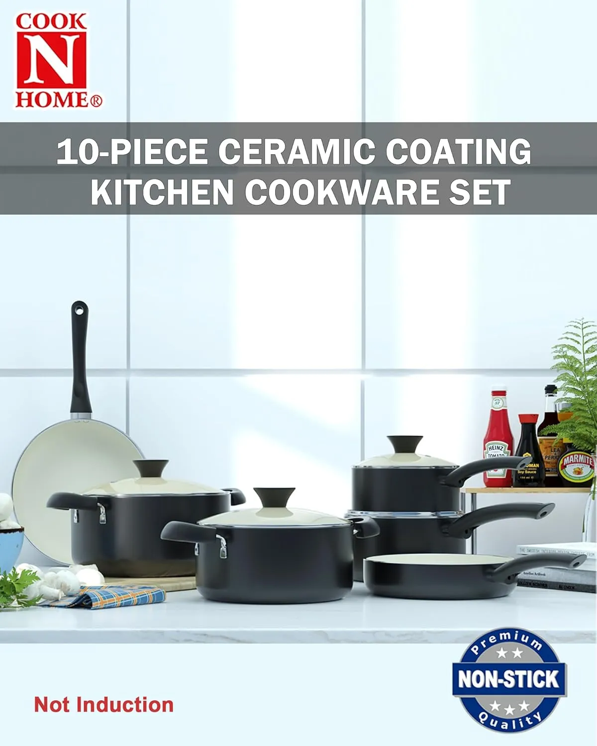 Cook N Home Pots And Pans Set Nonstick, 10 Piece Ceramic Cookware Sets, Kitchen Non Stick Cooking Set With Saucepans, Frying Pans, Dutch Oven Pot With Lids, Black