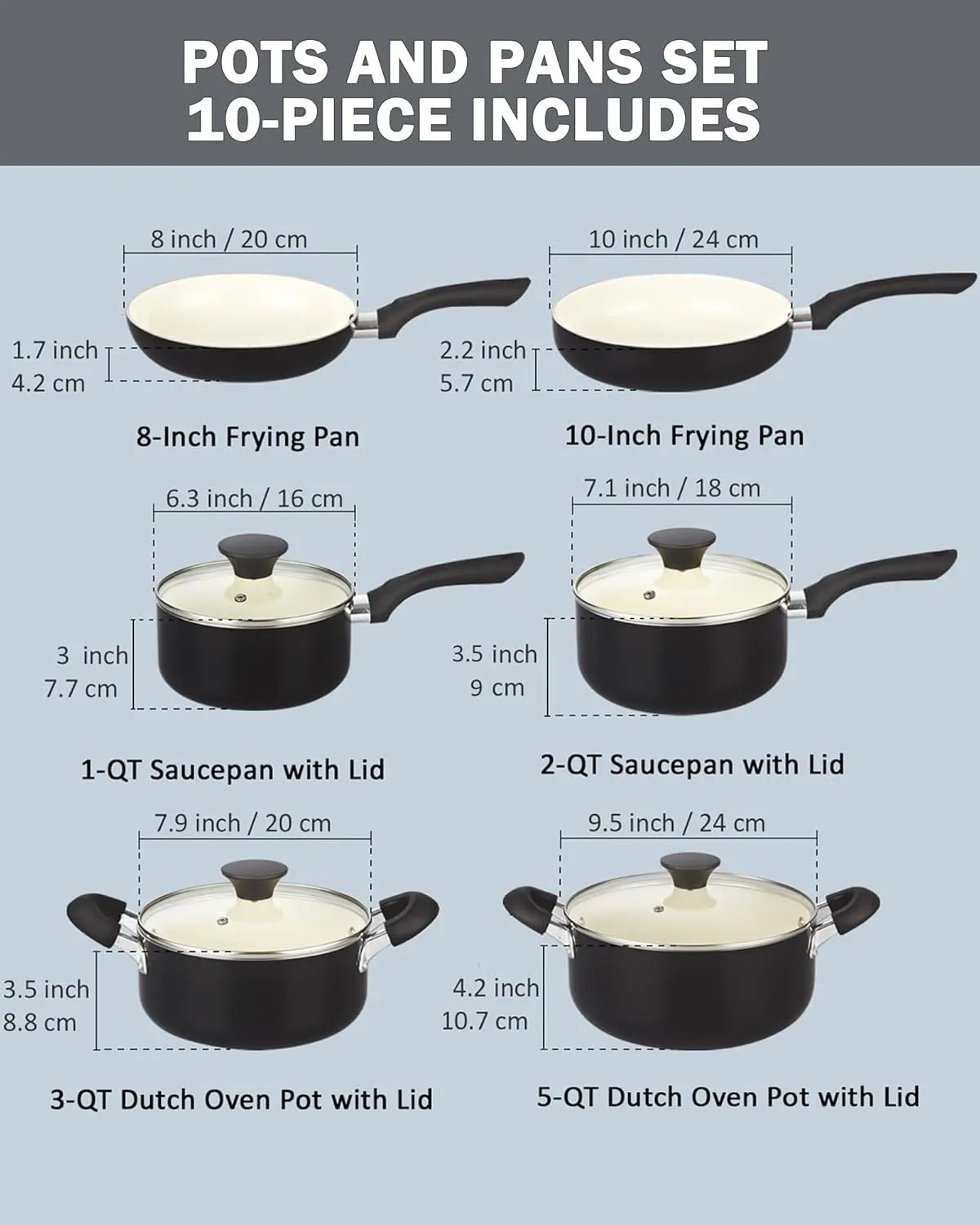 Cook N Home Pots And Pans Set Nonstick, 10 Piece Ceramic Cookware Sets, Kitchen Non Stick Cooking Set With Saucepans, Frying Pans, Dutch Oven Pot With Lids, Black