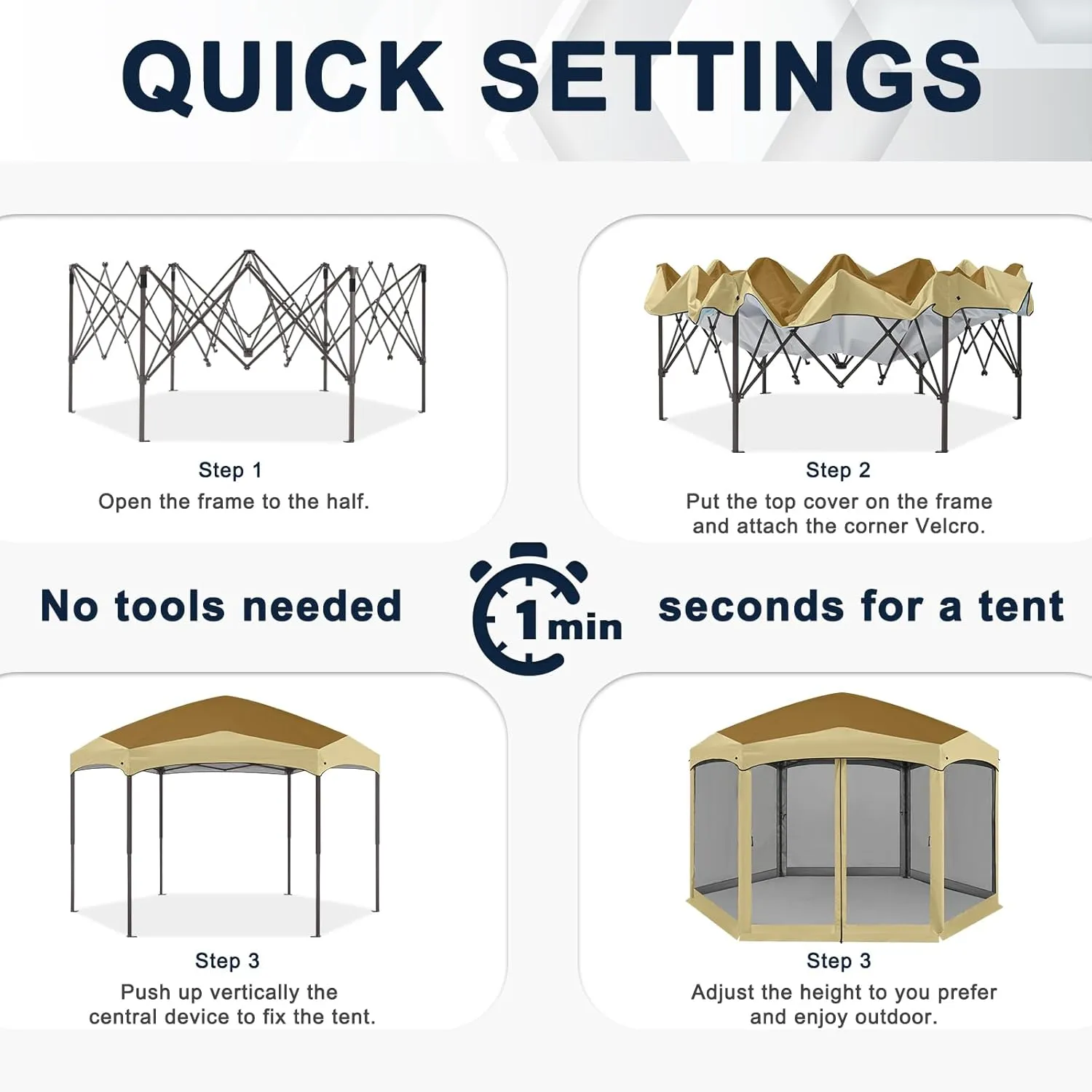 COOSHADE Pop up Canopy, 12X12 Pop up Tent with Mesh Walls, 6 Sides Gazebo, Patented 1 Step Lock Tech, Screened House for Outdoor/Camping/Lawn/Trip/Gathering, Brown W/Beige