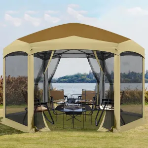 COOSHADE Pop up Canopy, 12X12 Pop up Tent with Mesh Walls, 6 Sides Gazebo, Patented 1 Step Lock Tech, Screened House for Outdoor/Camping/Lawn/Trip/Gathering, Brown W/Beige