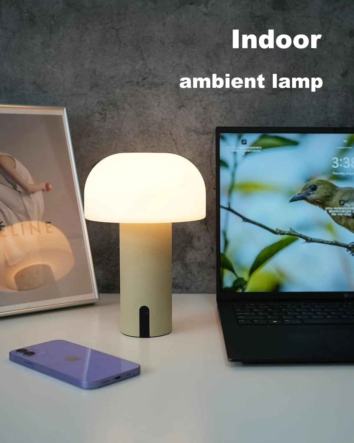 Cordless Mushroom Table Lamp, Waterproof Shower Lamp, Battery Operated Table Lamp Rechargeable, Touch Dimmable Night Light for Bedroom/Patio/Camping/Dinning/Outdoor (Khaki)
