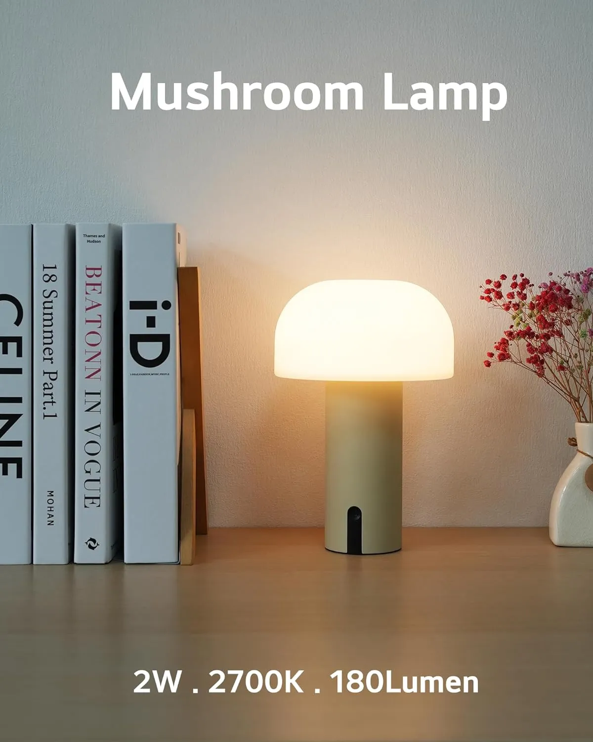 Cordless Mushroom Table Lamp, Waterproof Shower Lamp, Battery Operated Table Lamp Rechargeable, Touch Dimmable Night Light for Bedroom/Patio/Camping/Dinning/Outdoor (Khaki)
