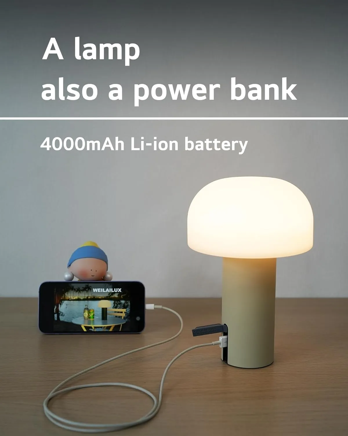 Cordless Mushroom Table Lamp, Waterproof Shower Lamp, Battery Operated Table Lamp Rechargeable, Touch Dimmable Night Light for Bedroom/Patio/Camping/Dinning/Outdoor (Khaki)
