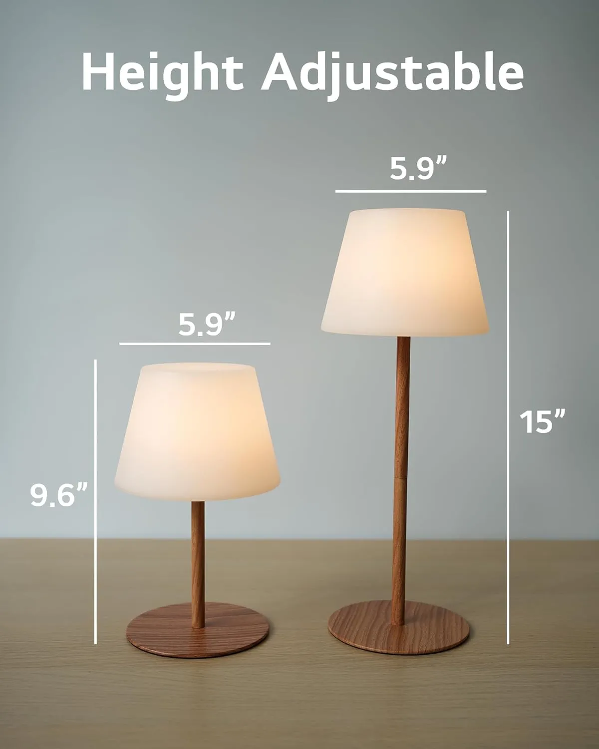 Cordless Table Lamp Rechargeable, Outdoor Battery Operated Table Lamp Waterproof, Portable Touch Dimmable Night Light, Height Adjustable, for Home/Bedroom/Patio/Restaurant (2Pack Wood)